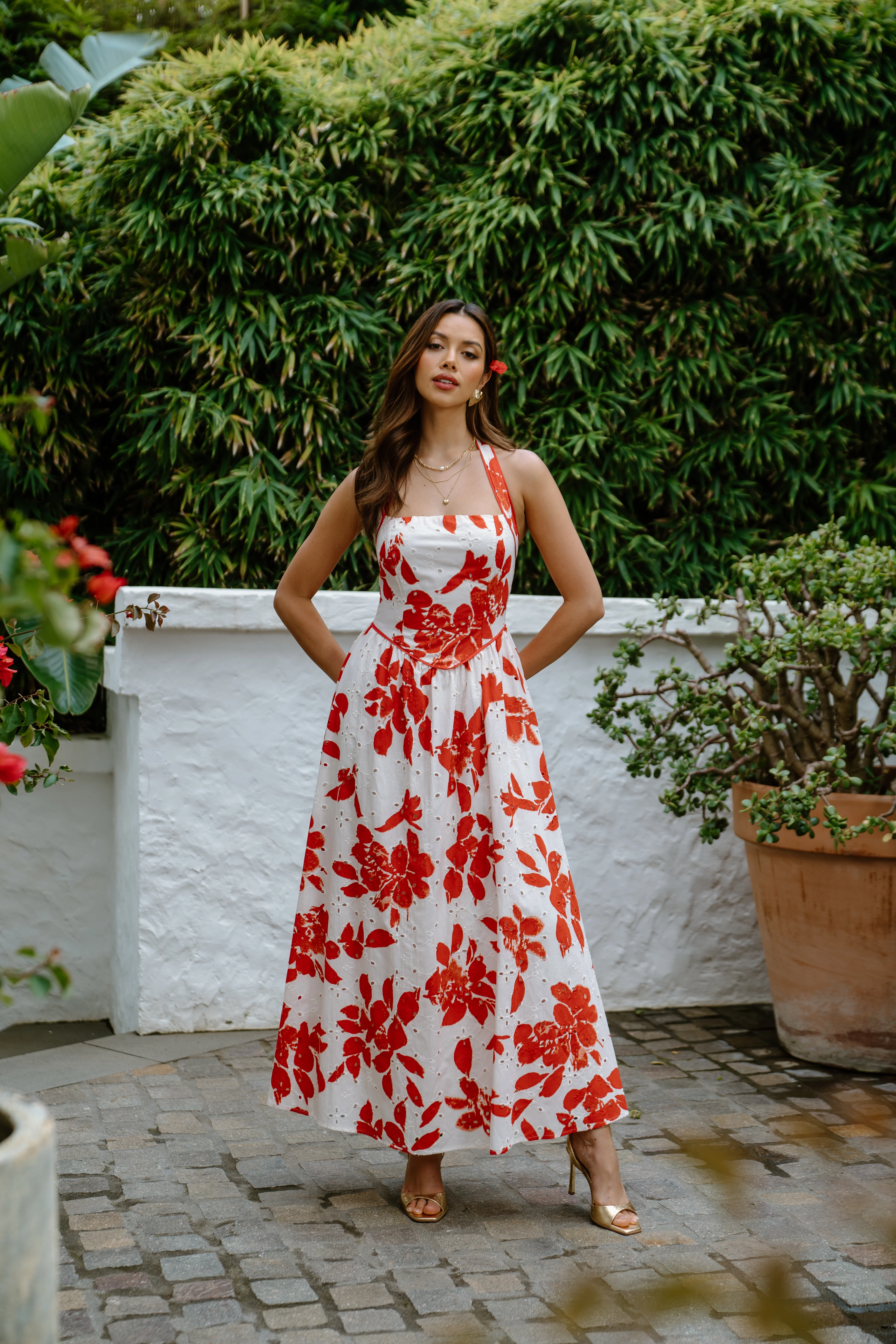 Cassie Red Floral Halter Neck Maxi Dress - Image 3