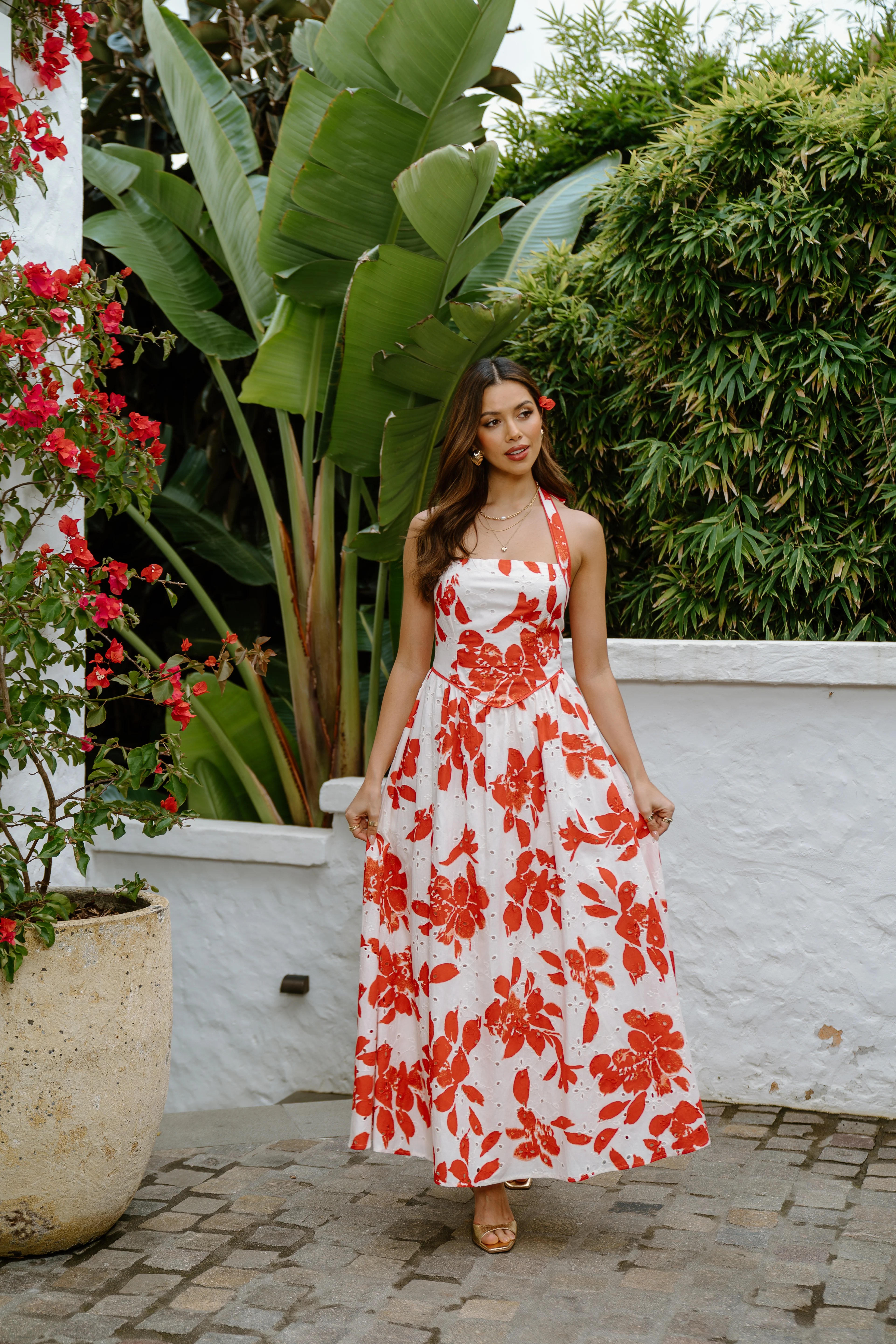 Cassie Red Floral Halter Neck Maxi Dress - Image 4