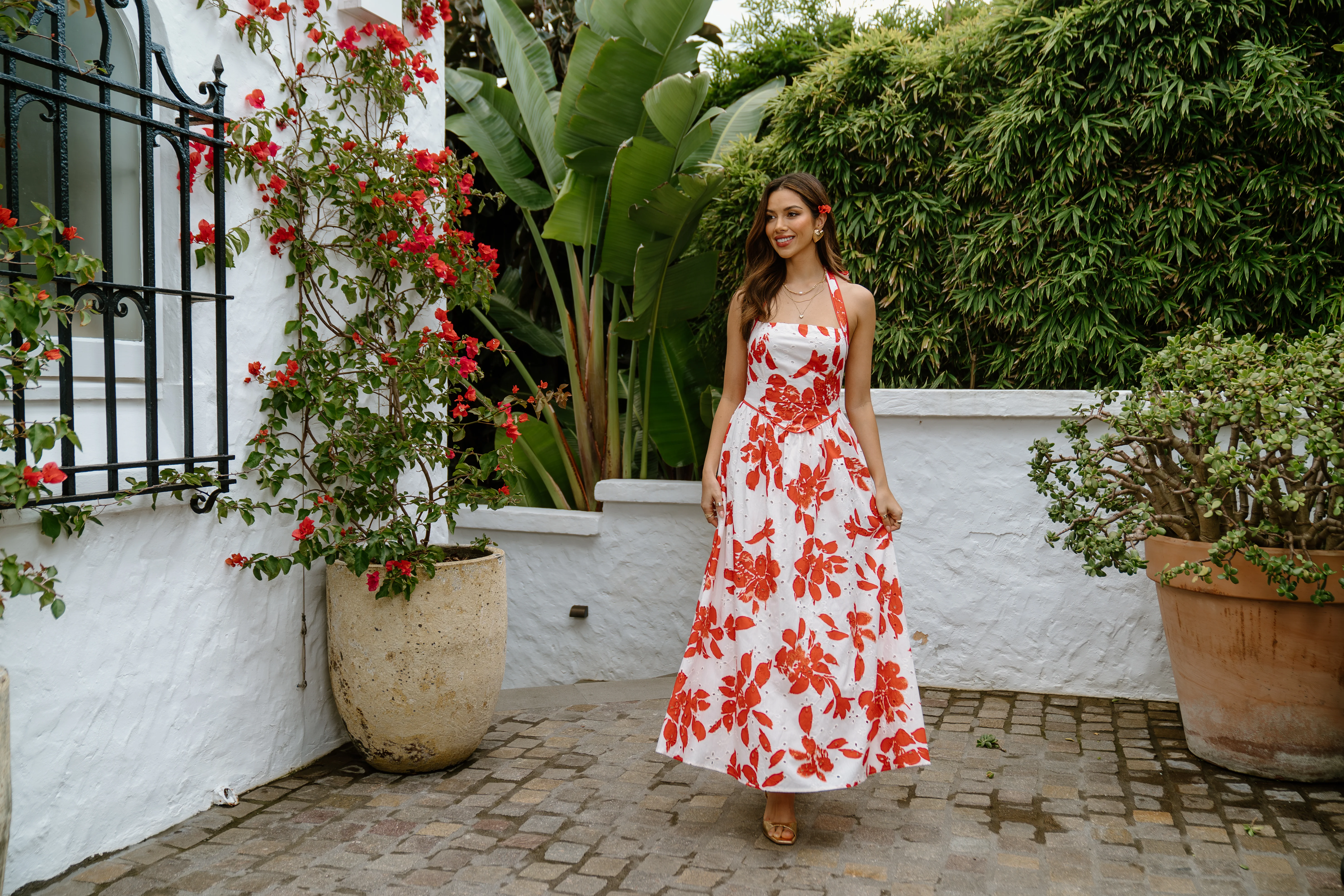 Cassie Red Floral Halter Neck Maxi Dress - Image 6