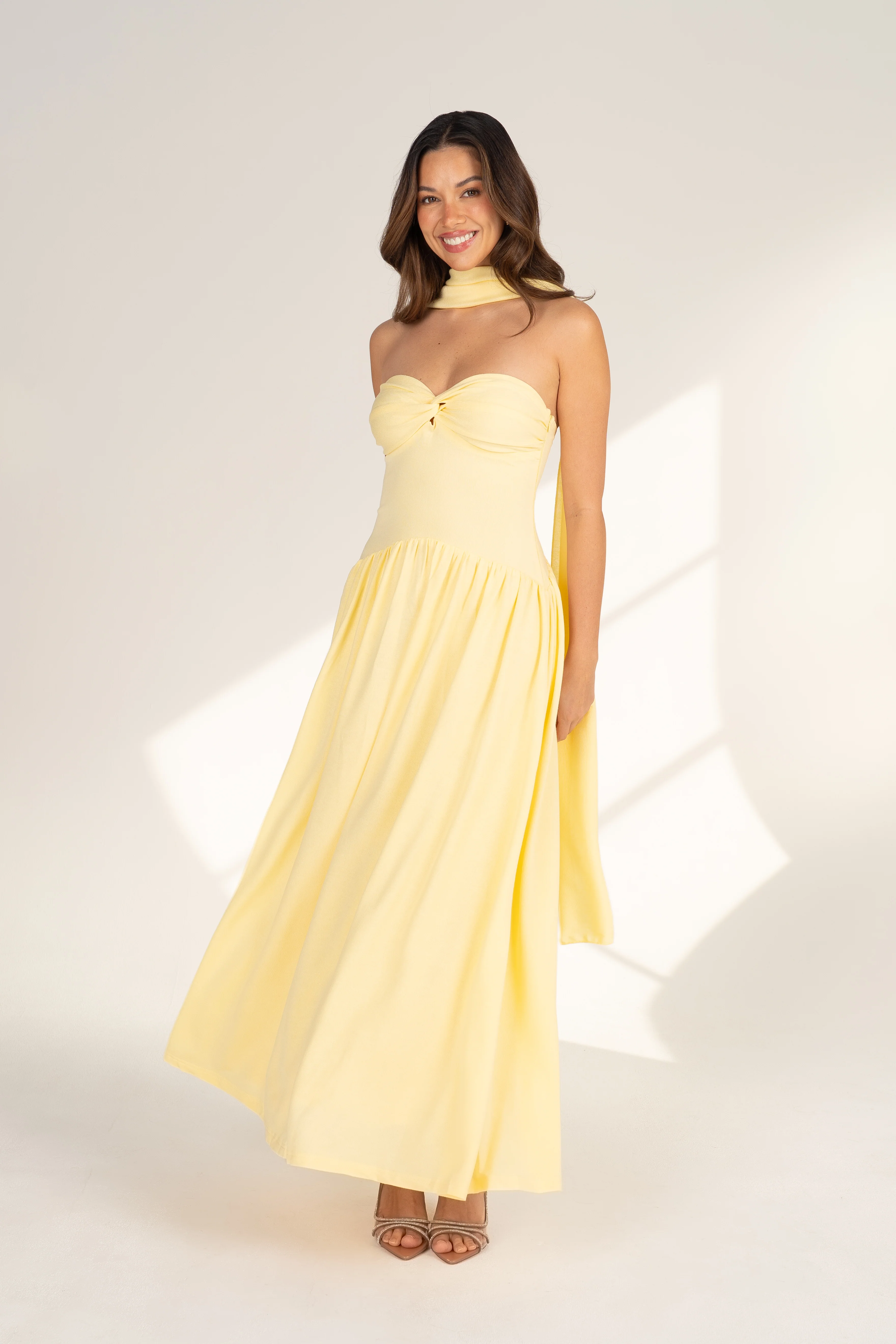 Celina Strapless Yellow Midi with Neck Scarf
