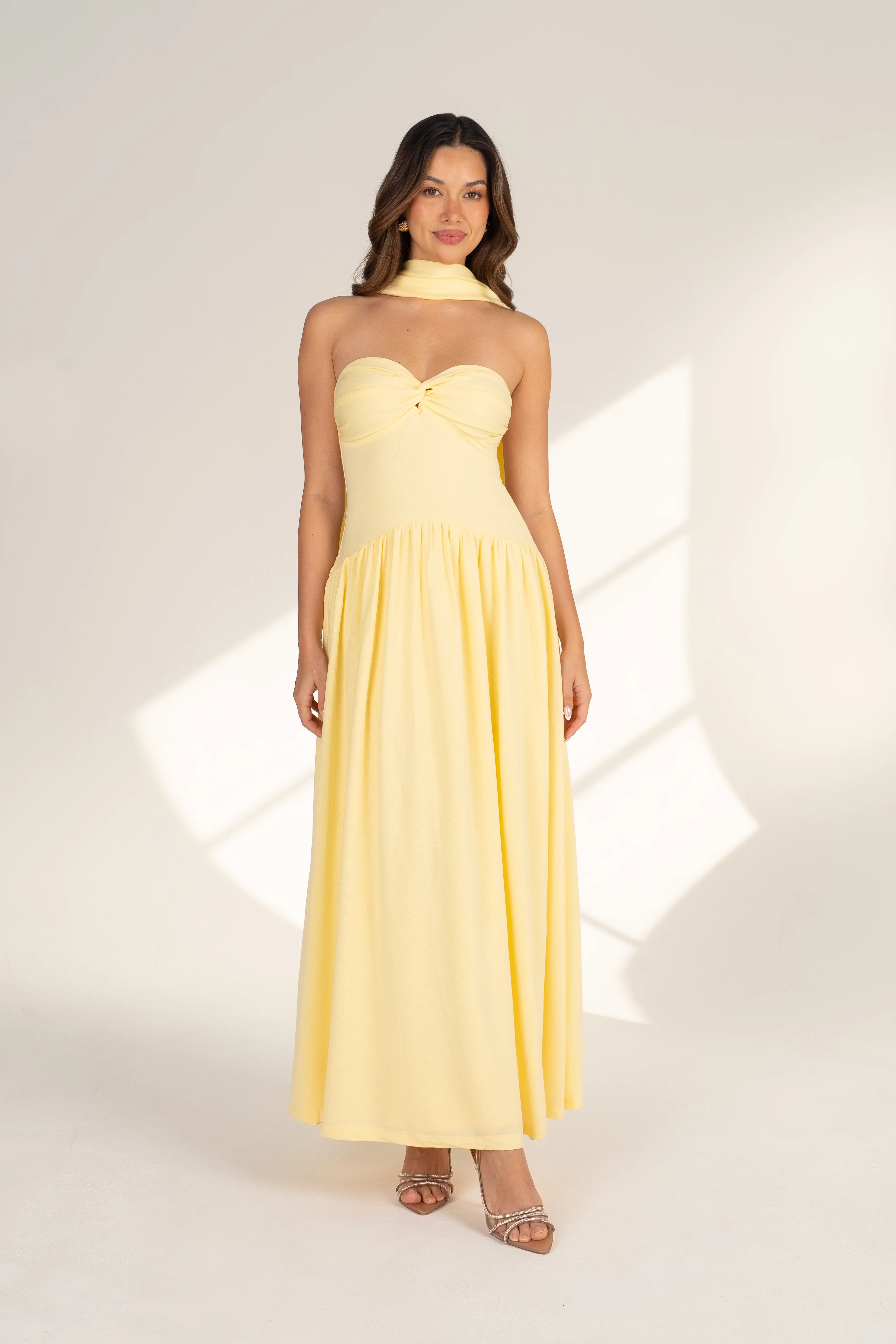 Celina Strapless Yellow Midi with Neck Scarf - Image 2