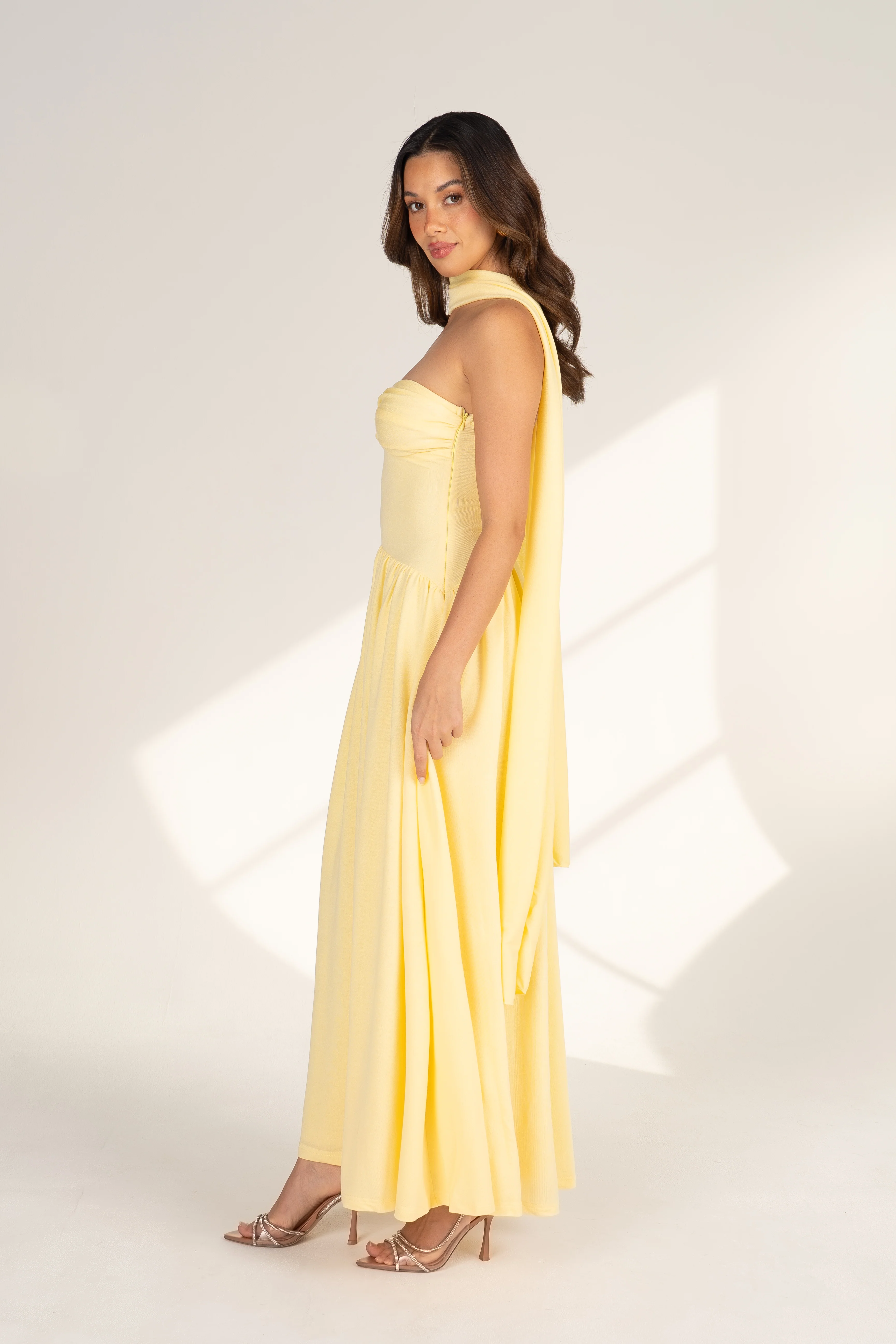 Celina Strapless Yellow Midi with Neck Scarf - Image 3