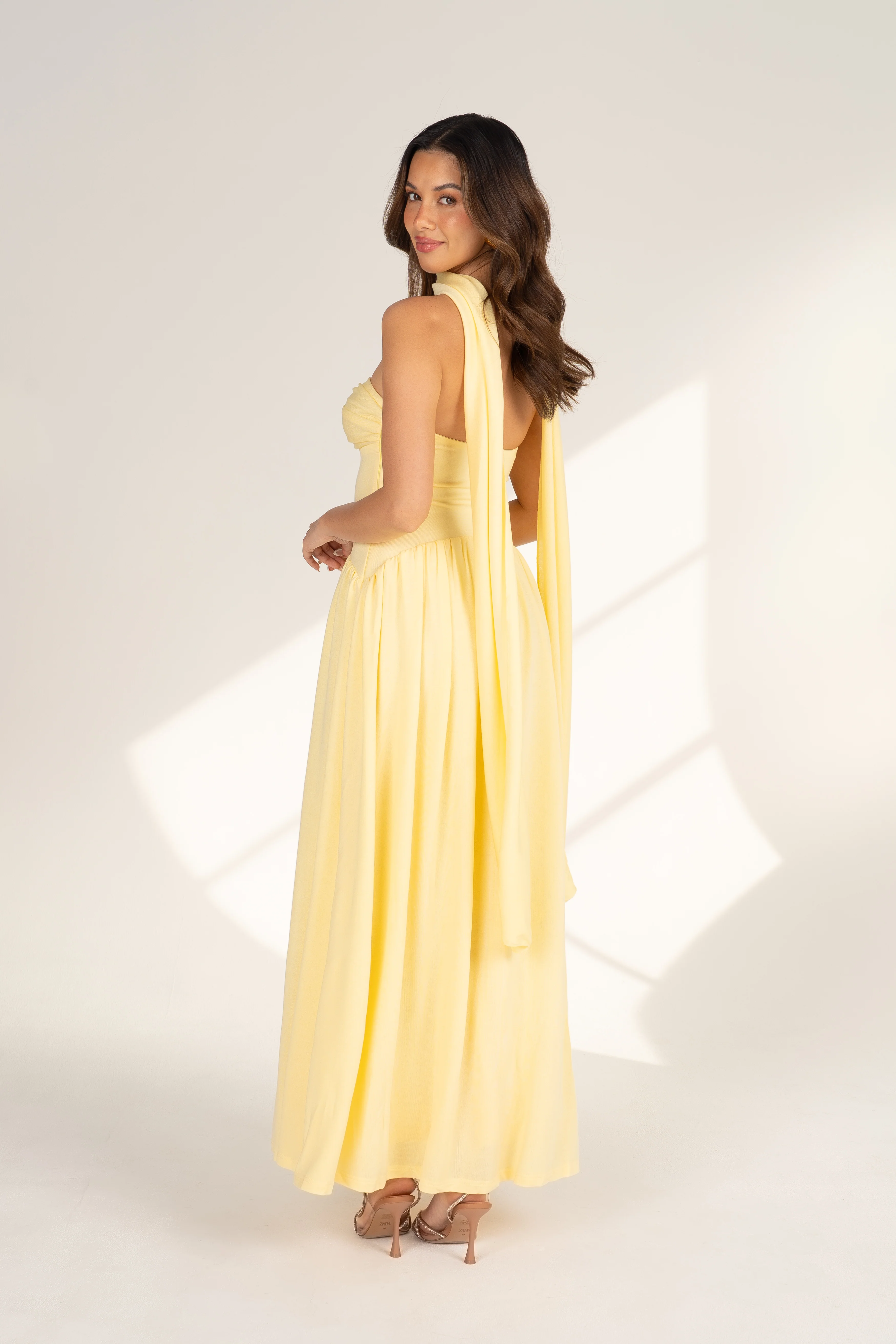 Celina Strapless Yellow Midi with Neck Scarf - Image 6