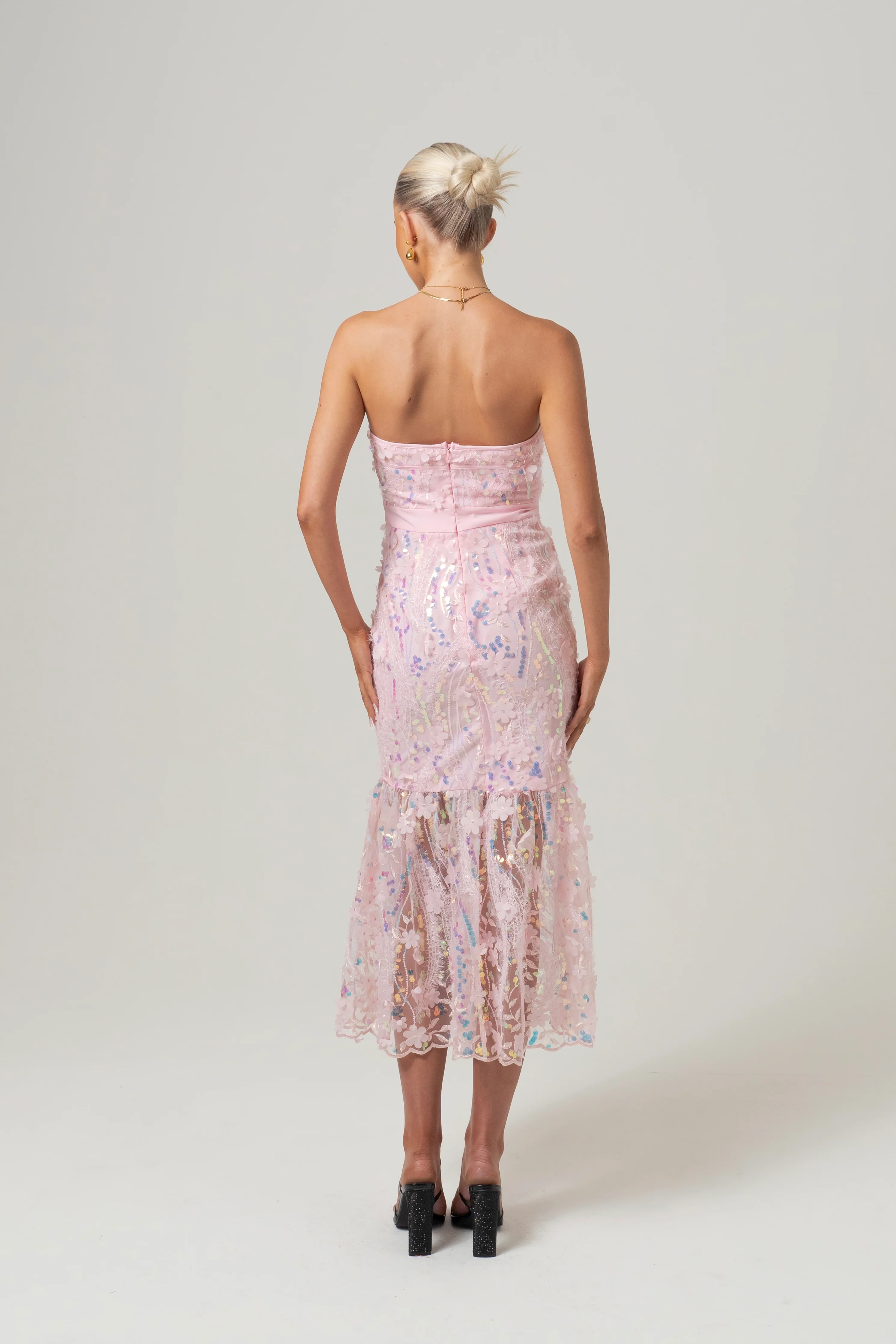 Charlotte Strapless Pink Sequin Midi Dress - Image 3