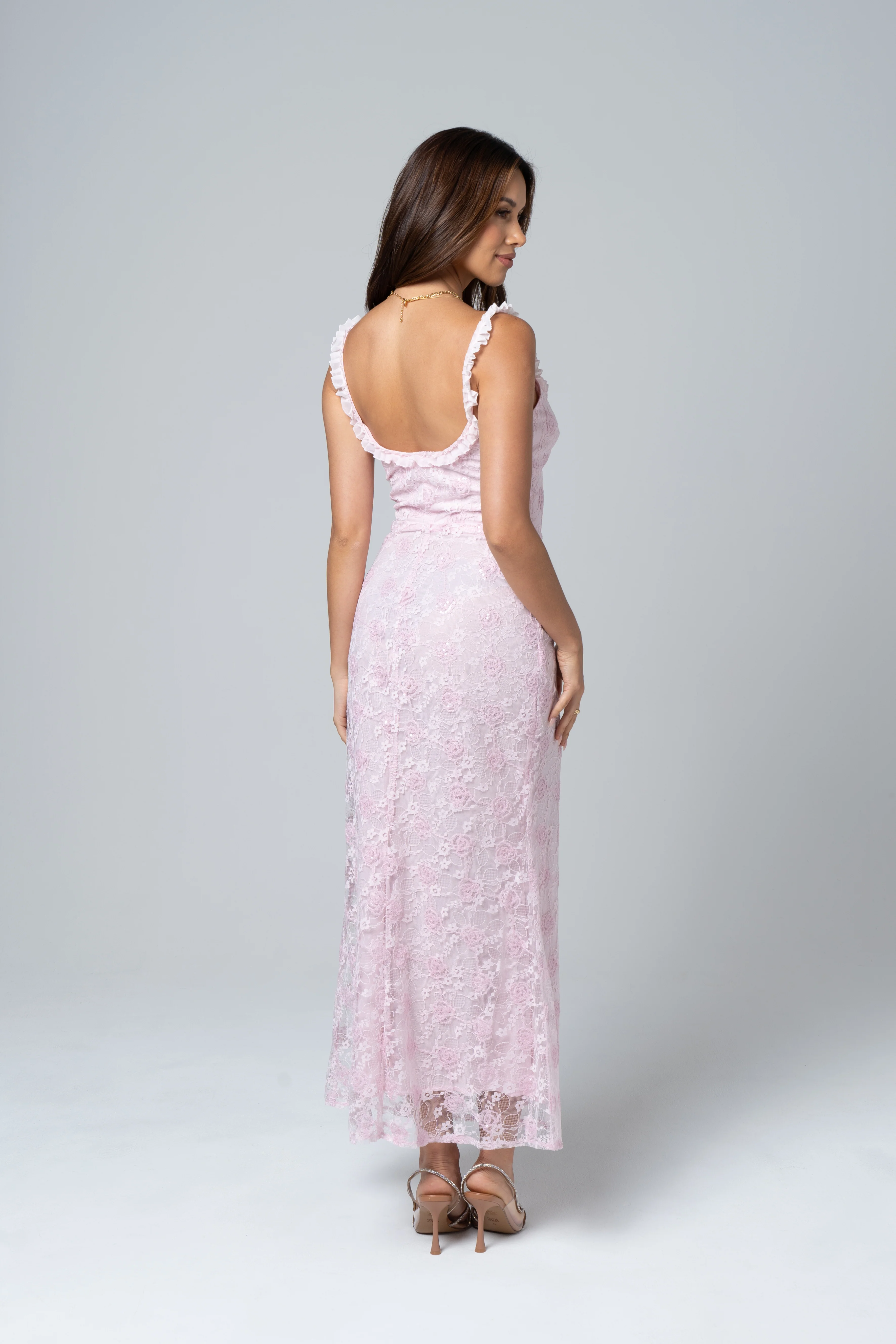 Clarissa Pink Floral Lace Midi Dress - Image 3