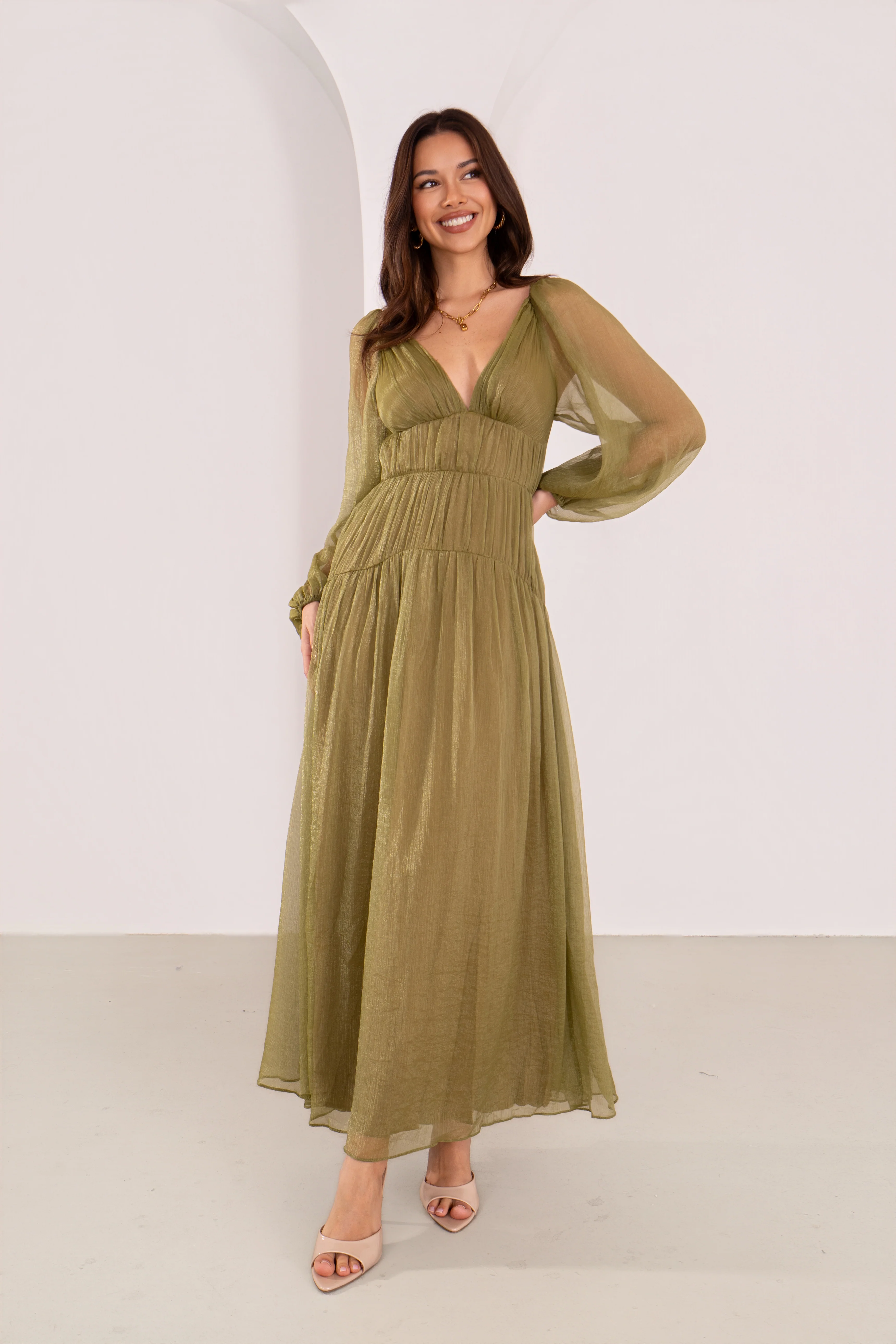 Cressida Olive Shimmer Long Sleeve Maxi