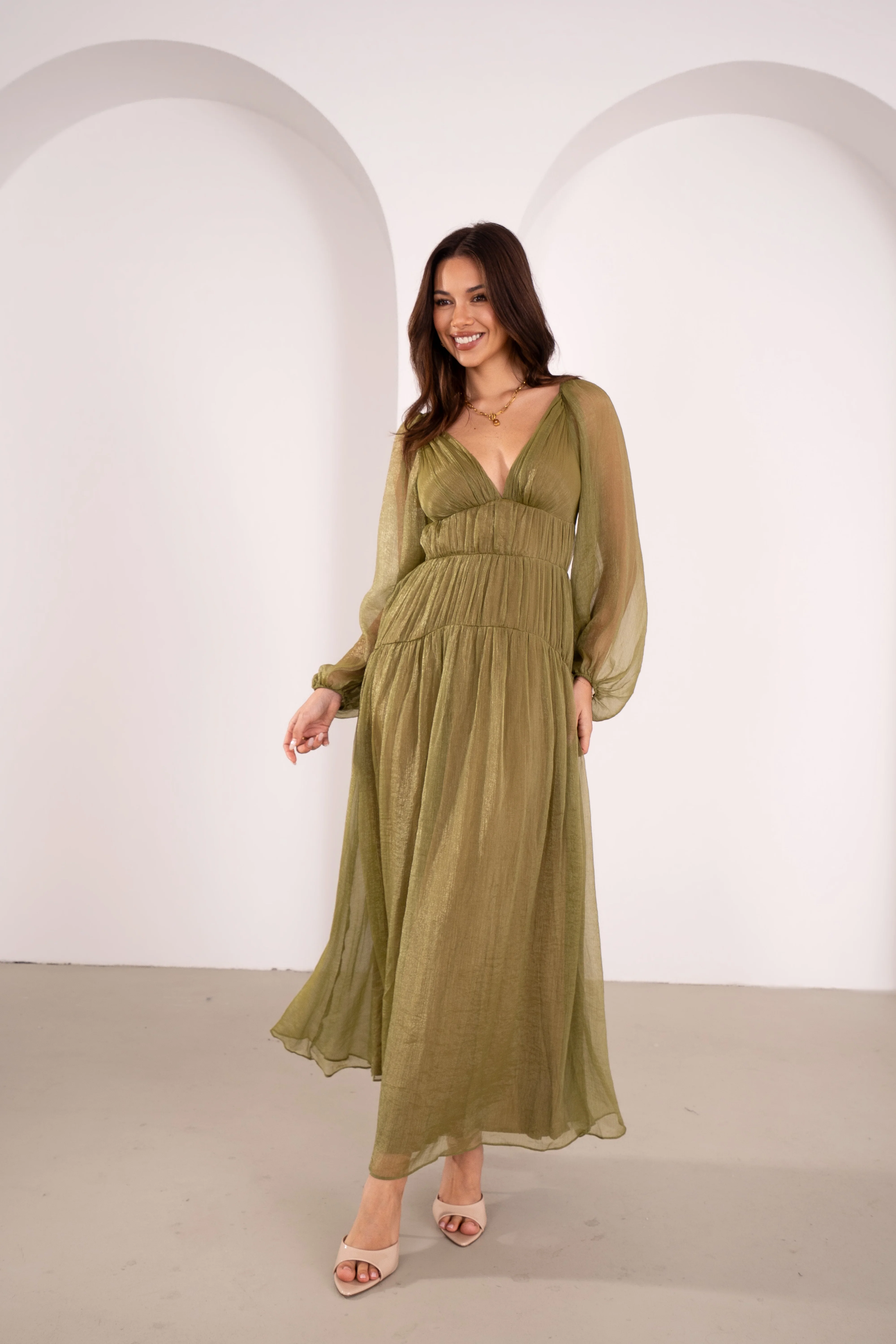 Cressida Olive Shimmer Long Sleeve Maxi - Image 2