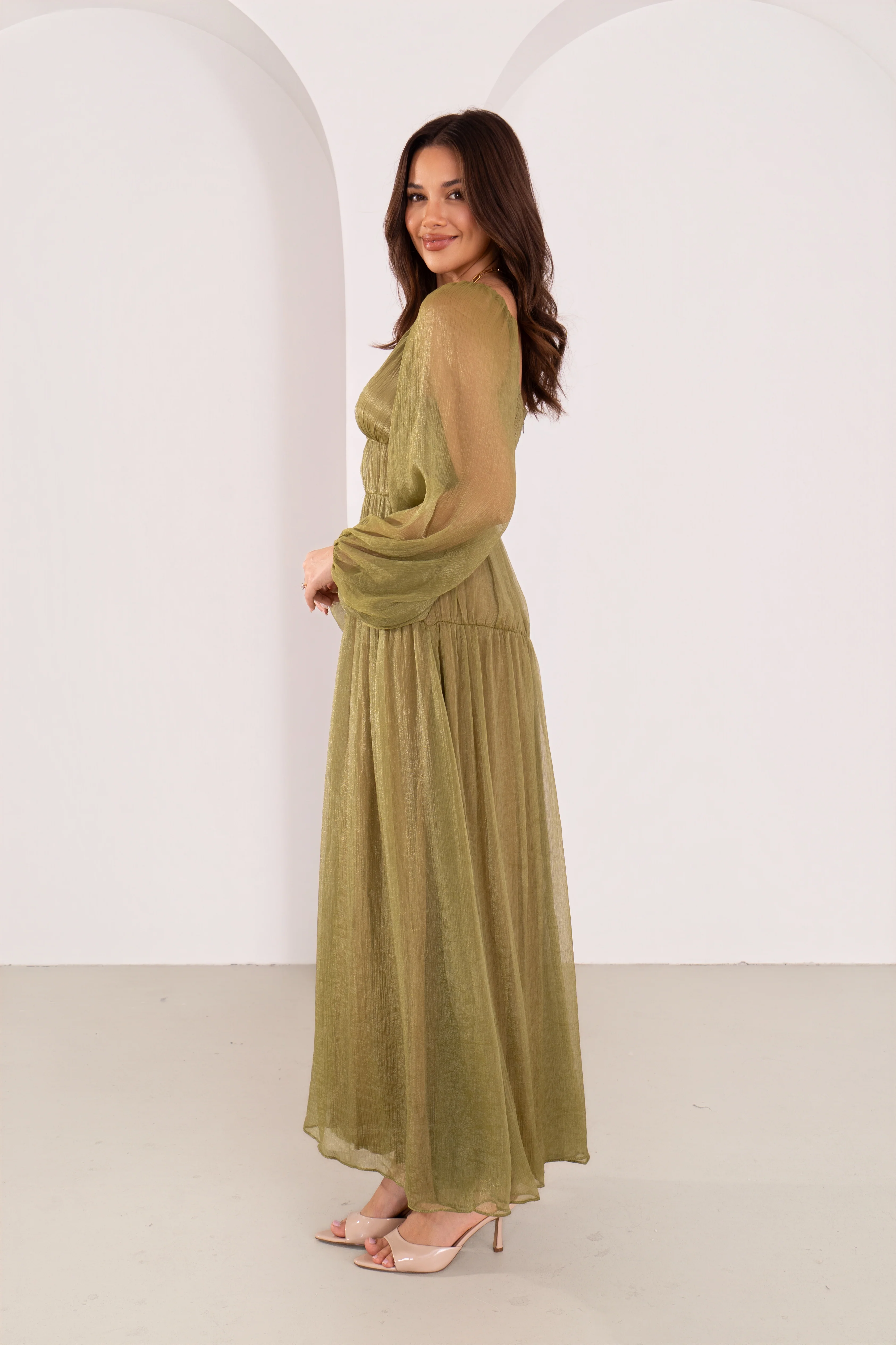 Cressida Olive Shimmer Long Sleeve Maxi - Image 3