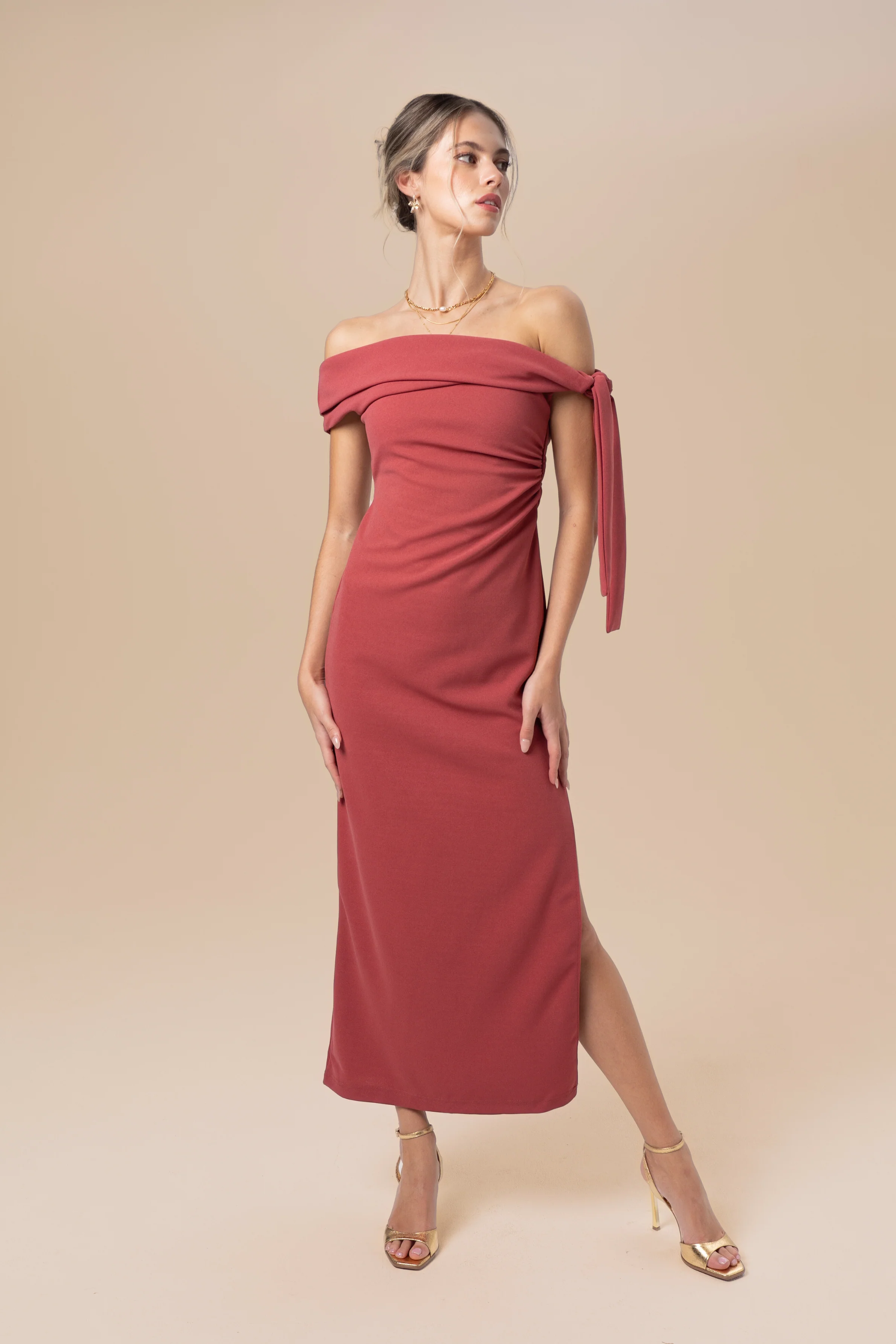 Cynthia Off-Shoulder Red Midi Dress