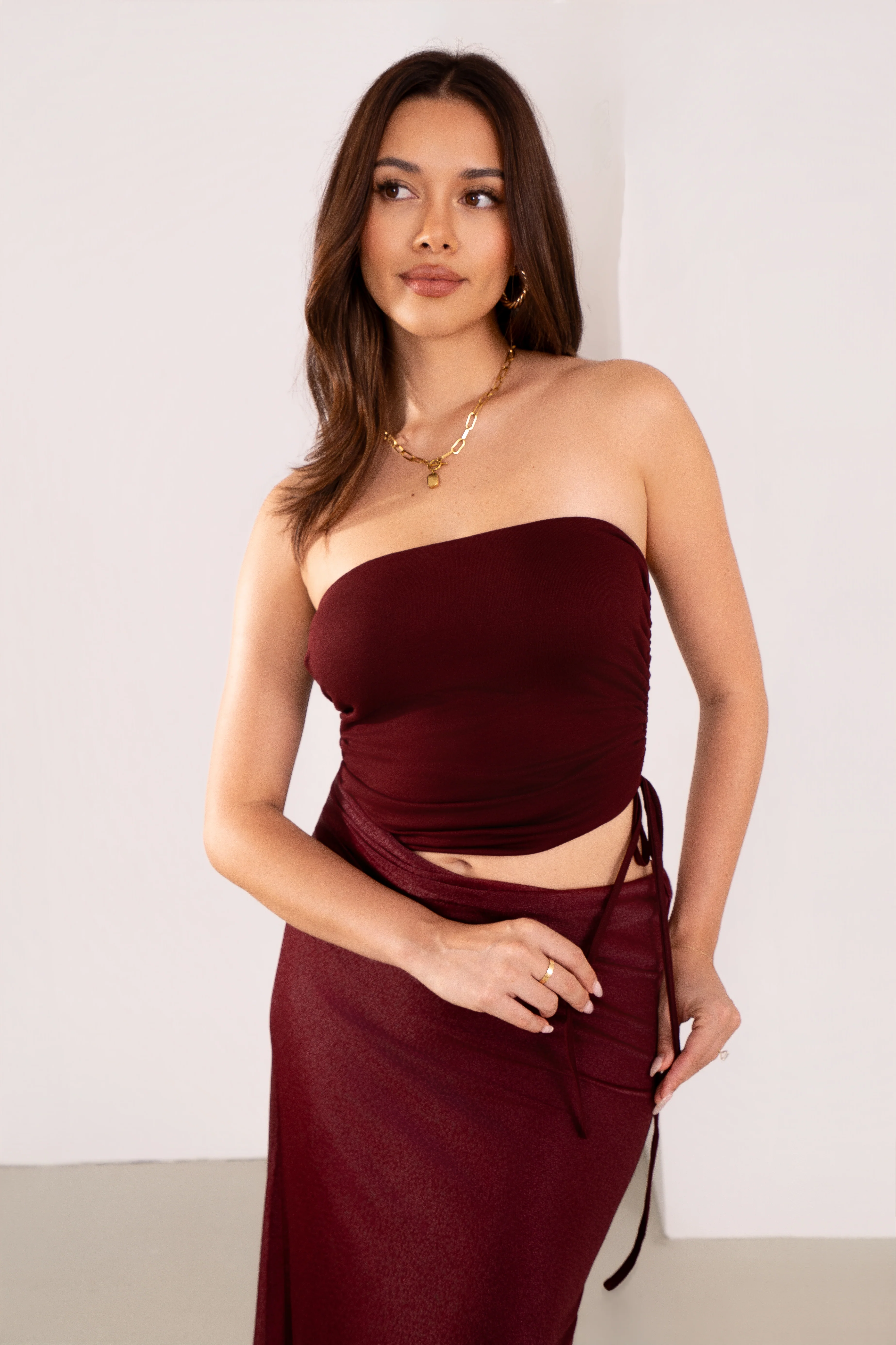 Dalena Strapless Sparkly Wine Maxi Dress with Cutout - Image 6