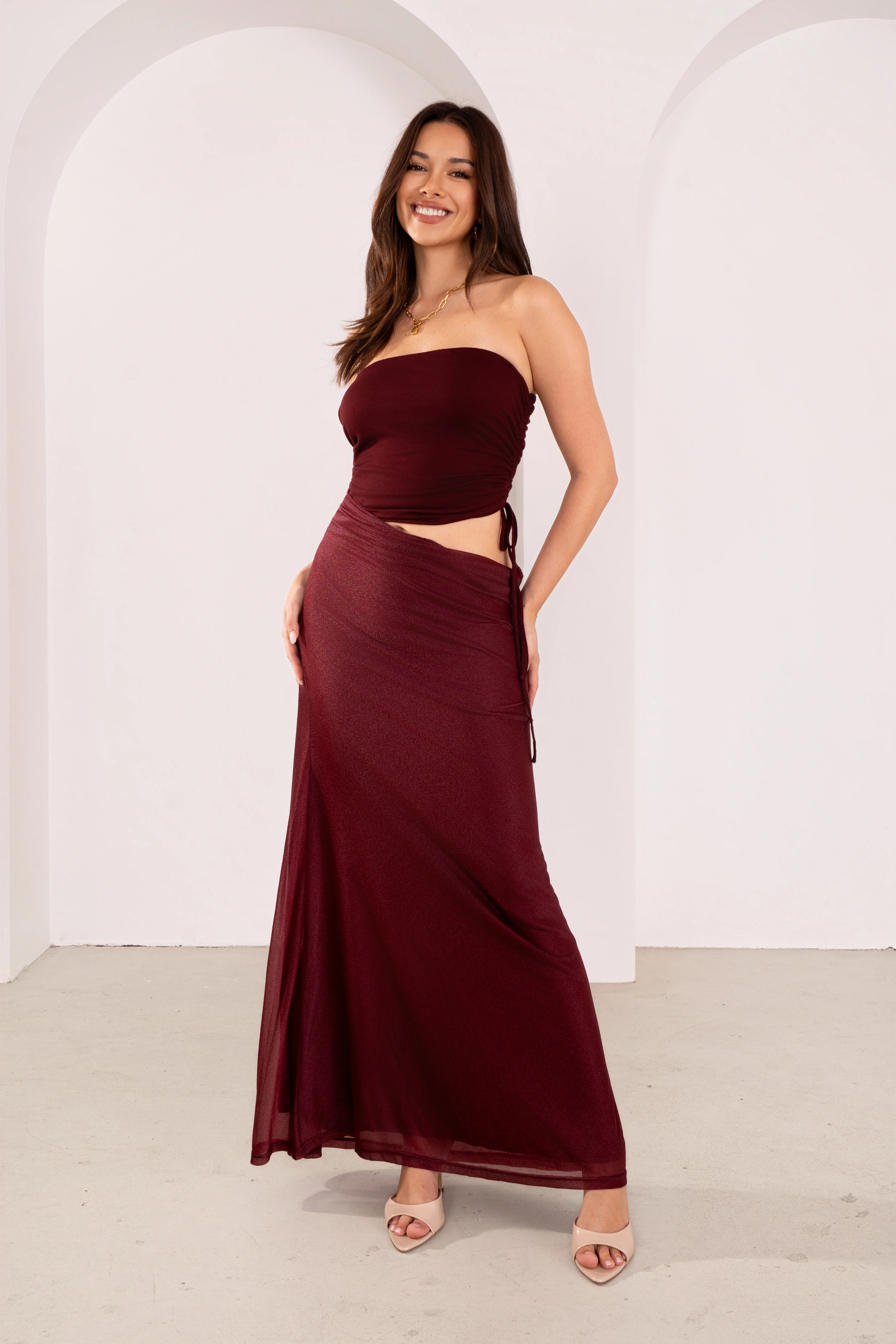 Dalena Strapless Sparkly Wine Maxi Dress with Cutout - Image 7