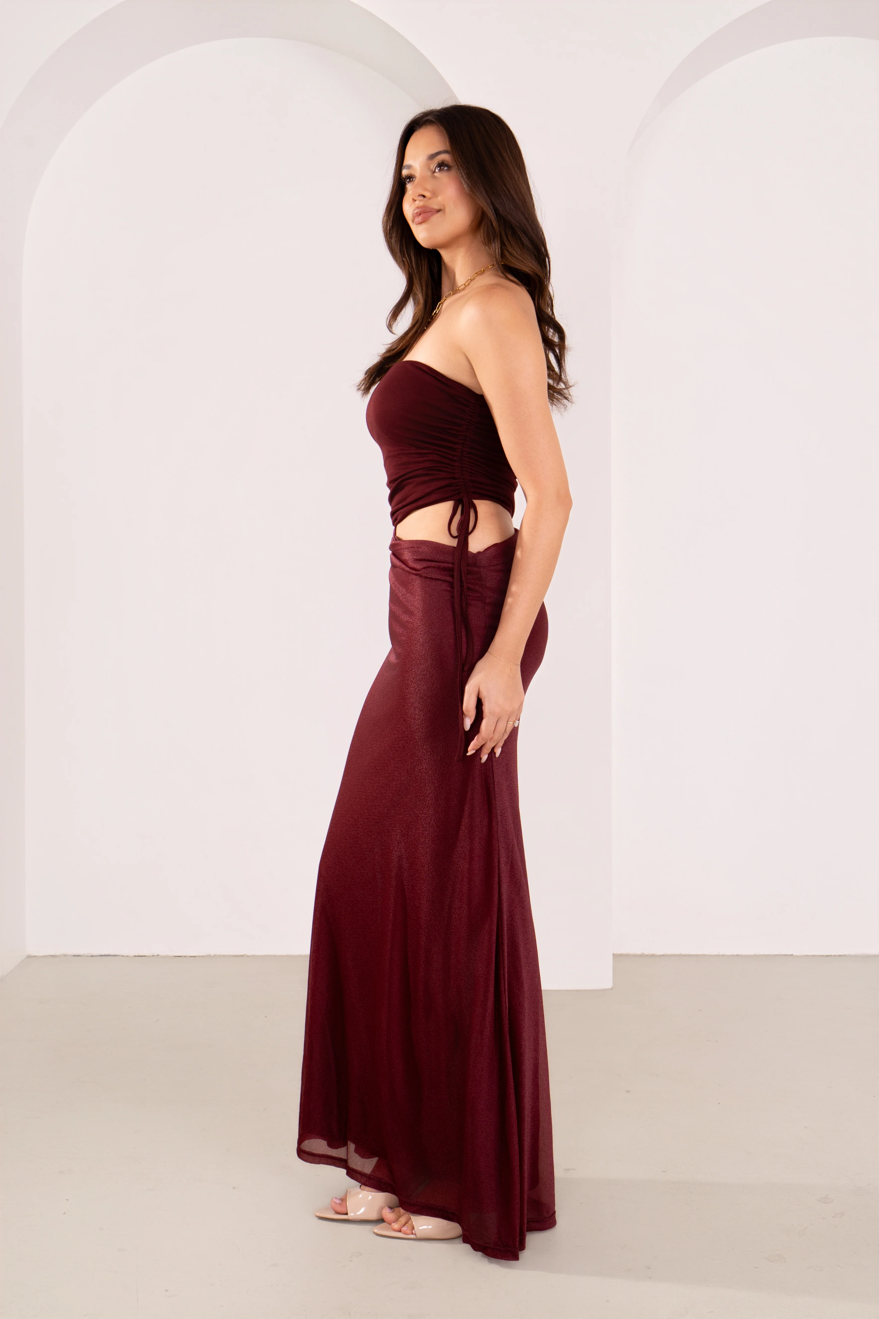 Dalena Strapless Sparkly Wine Maxi Dress with Cutout - Image 8
