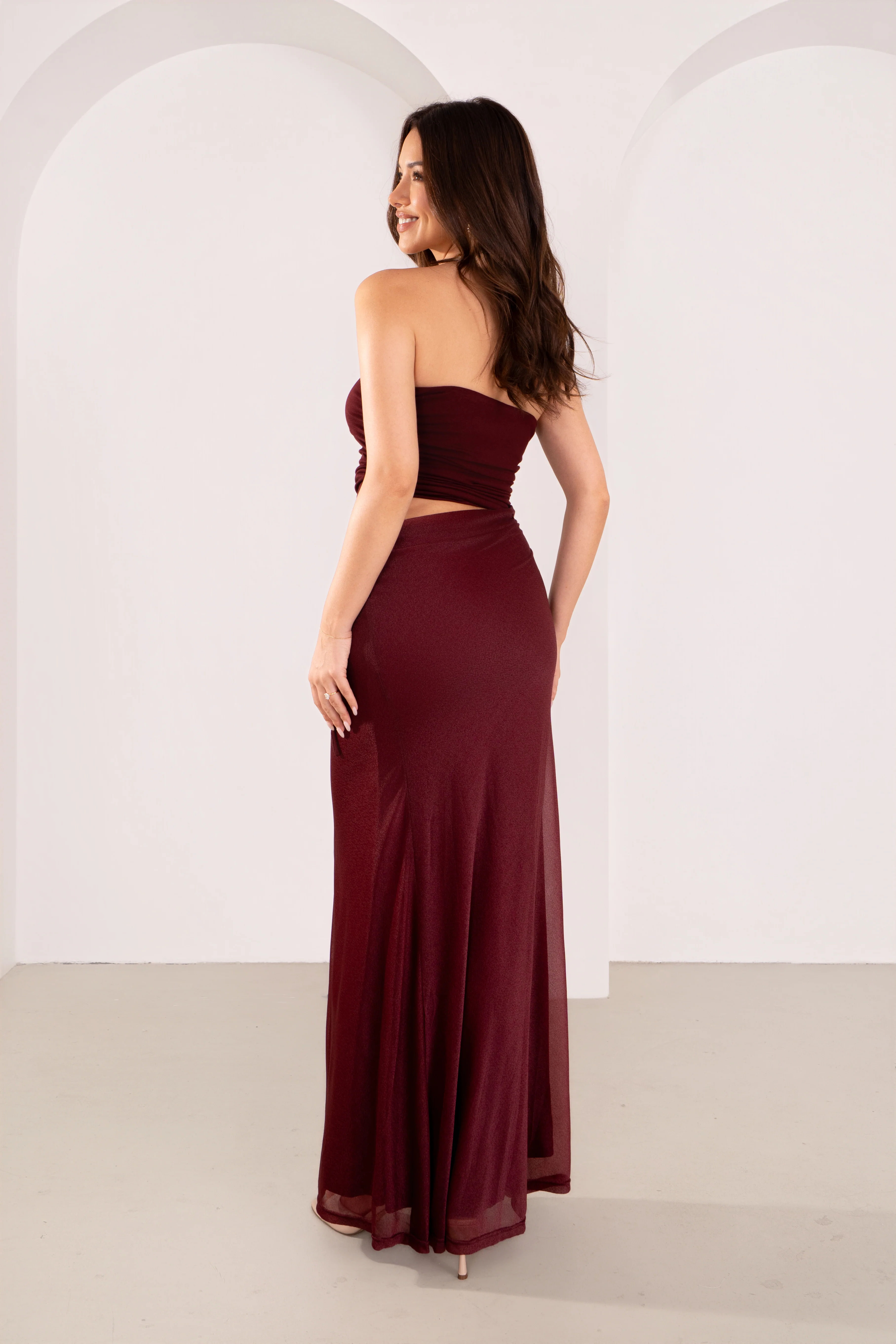 Dalena Strapless Sparkly Wine Maxi Dress with Cutout - Image 9