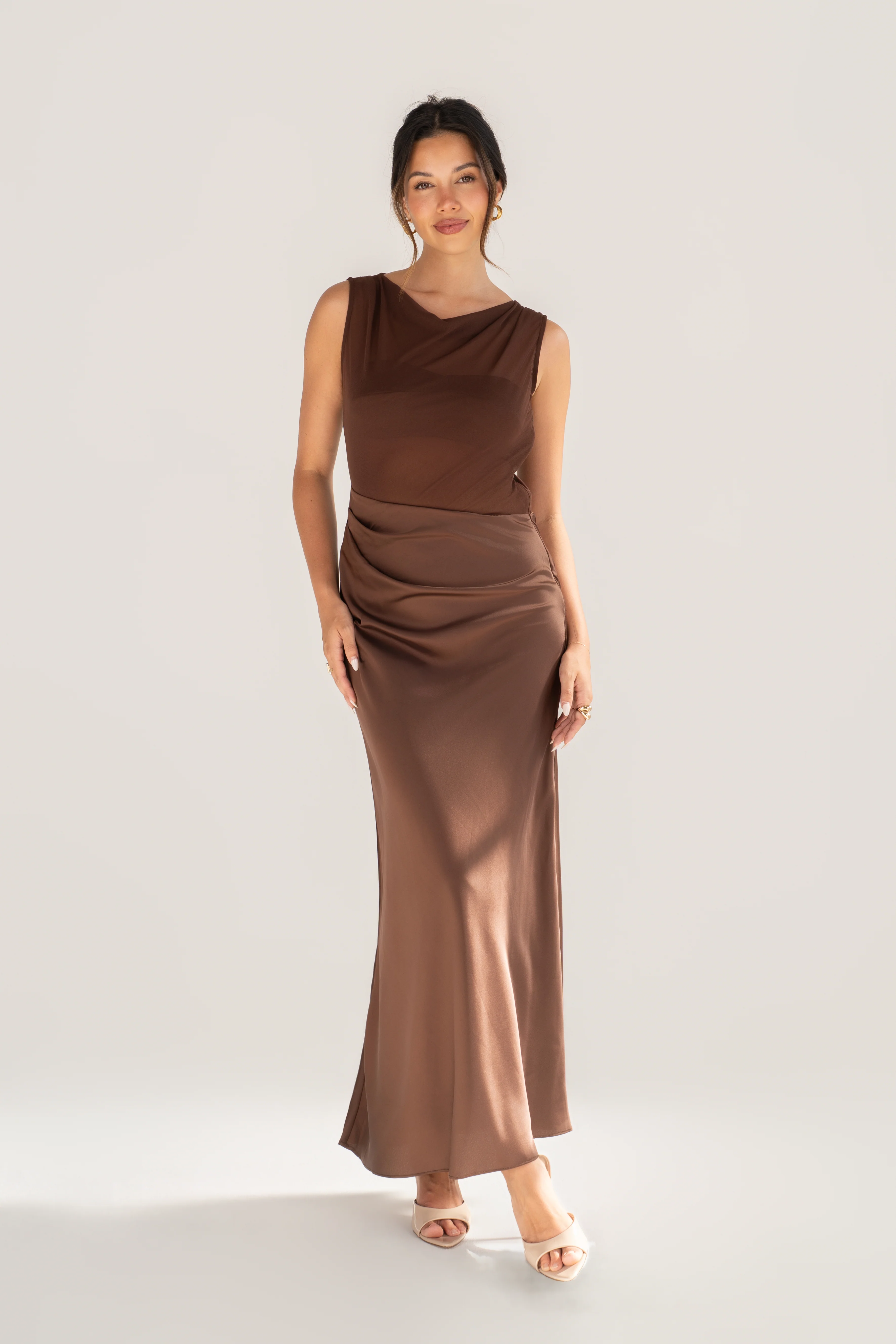 Darlene Satin Chocolate Maxi Dress with Sheer Detailing