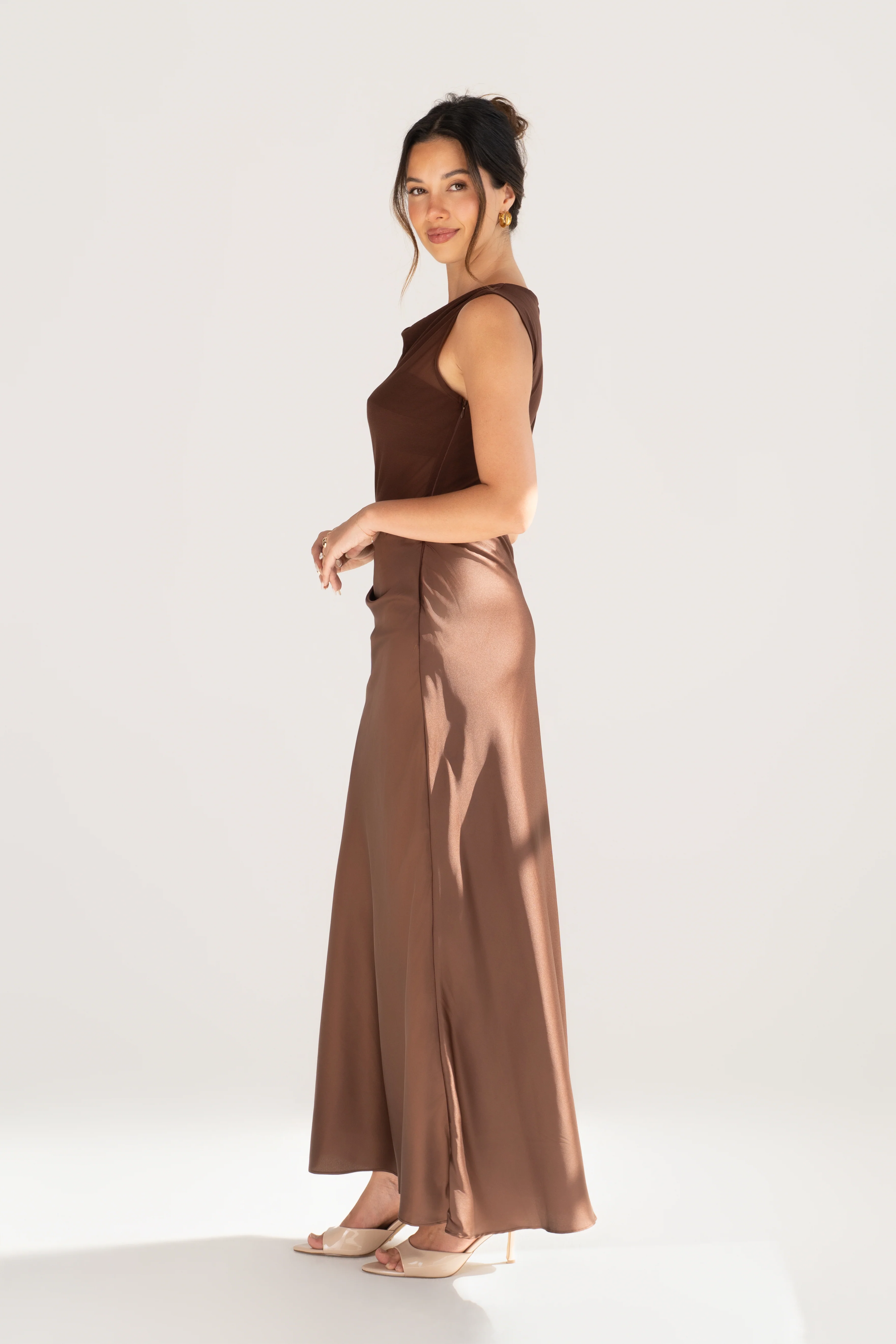Darlene Satin Chocolate Maxi Dress with Sheer Detailing - Image 2
