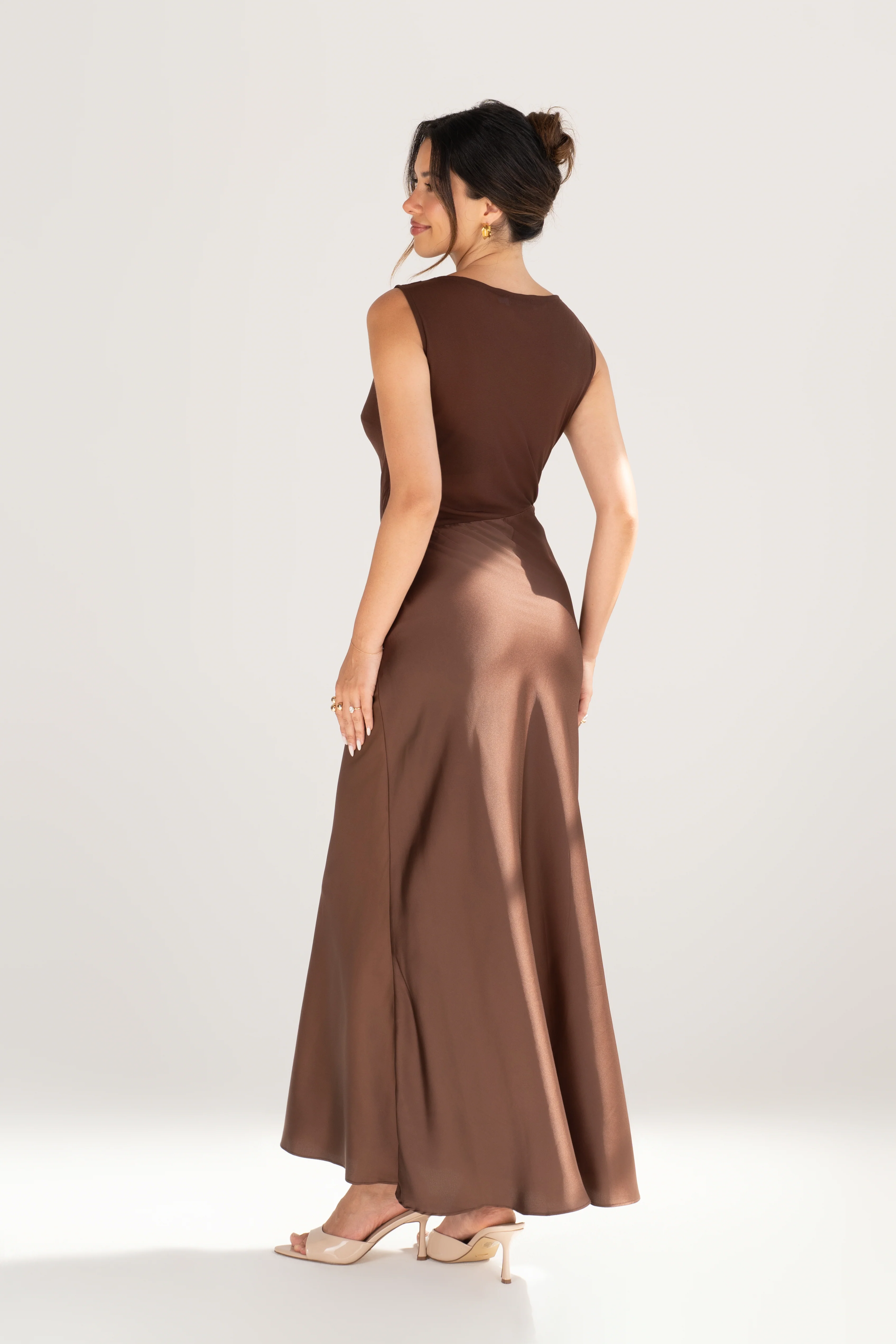 Darlene Satin Chocolate Maxi Dress with Sheer Detailing - Image 3