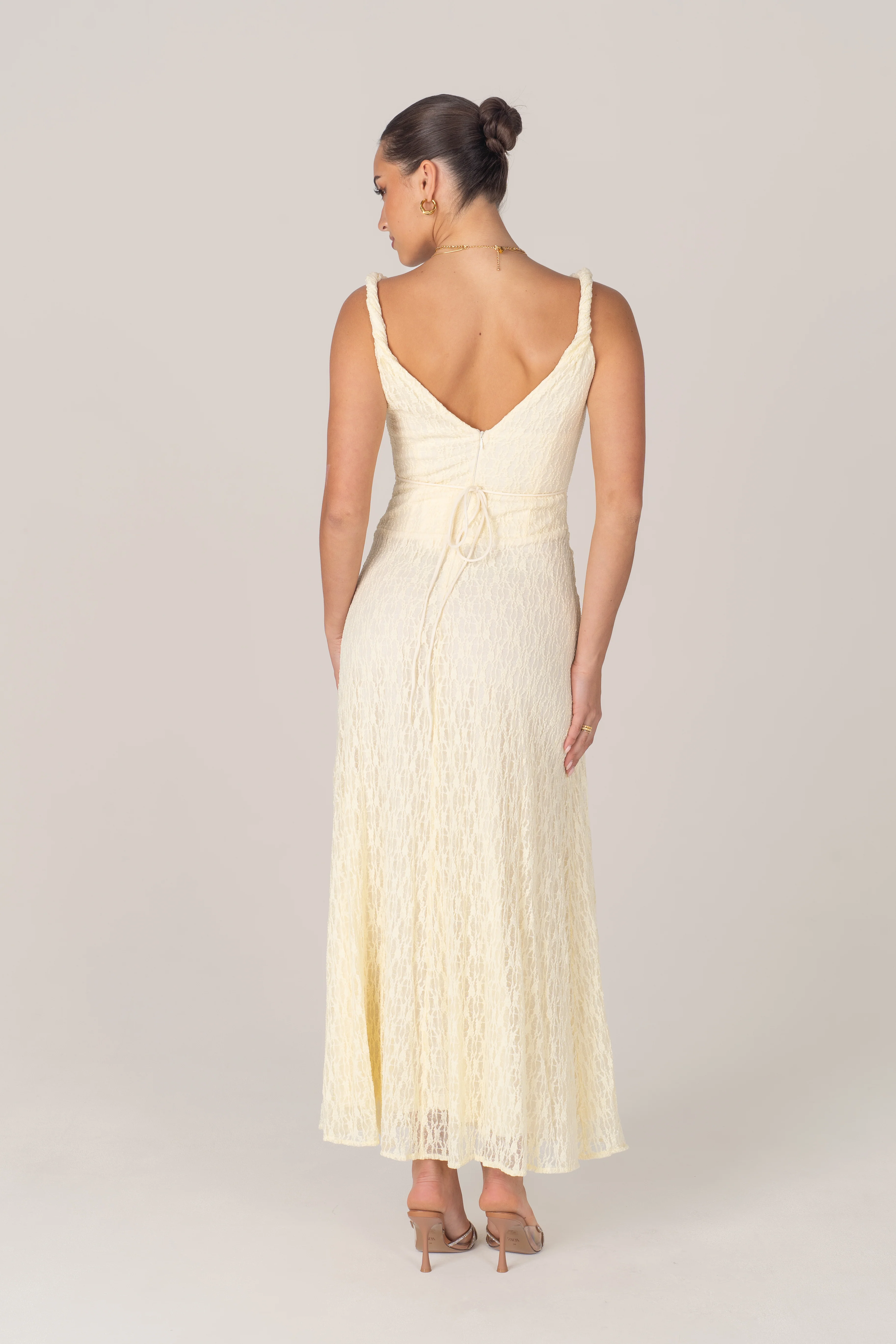 Delia Lace Yellow Midi Dress with Twist Details - Image 3