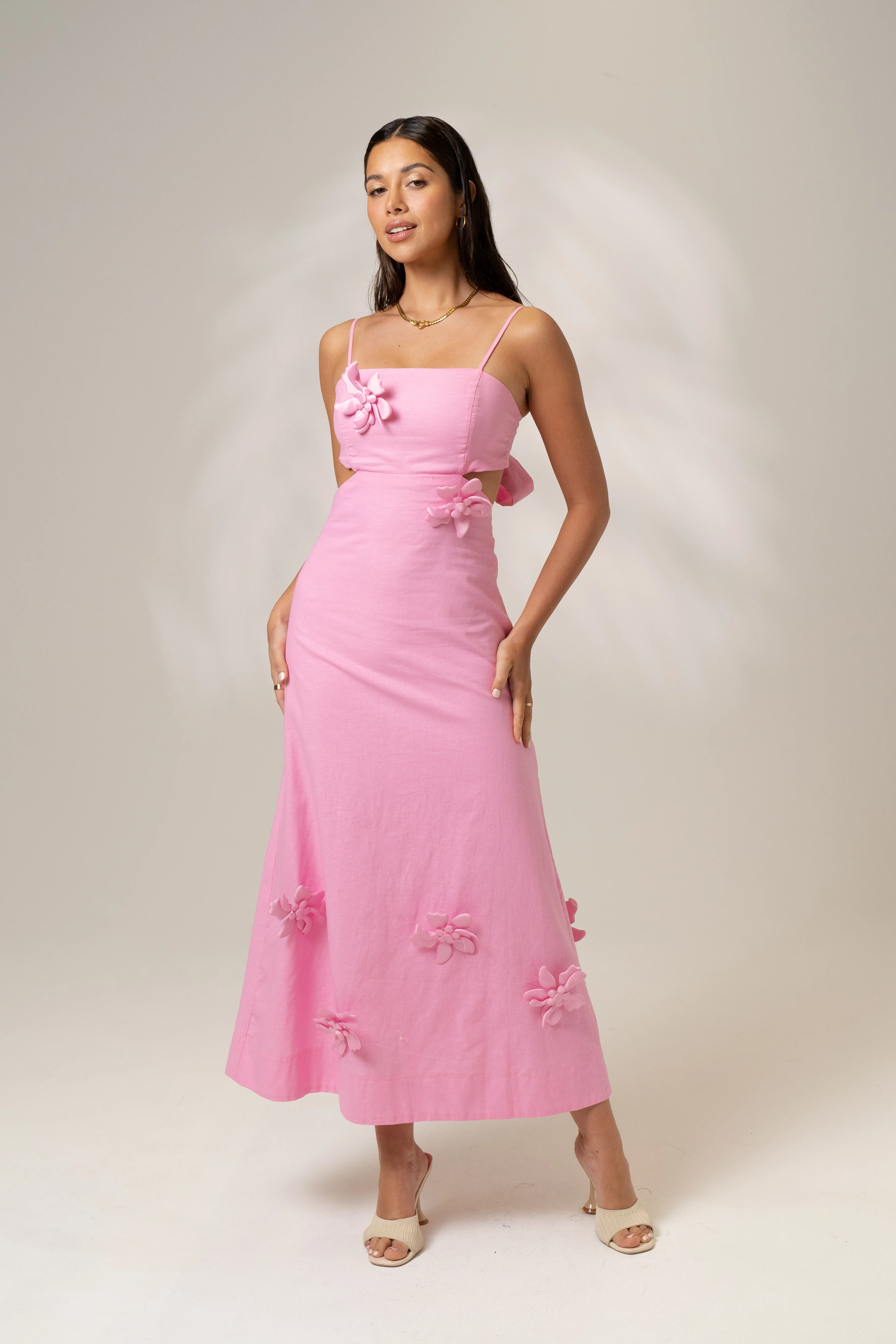 Delilah Pink Midi Dress with Detachable 3D Flowers
