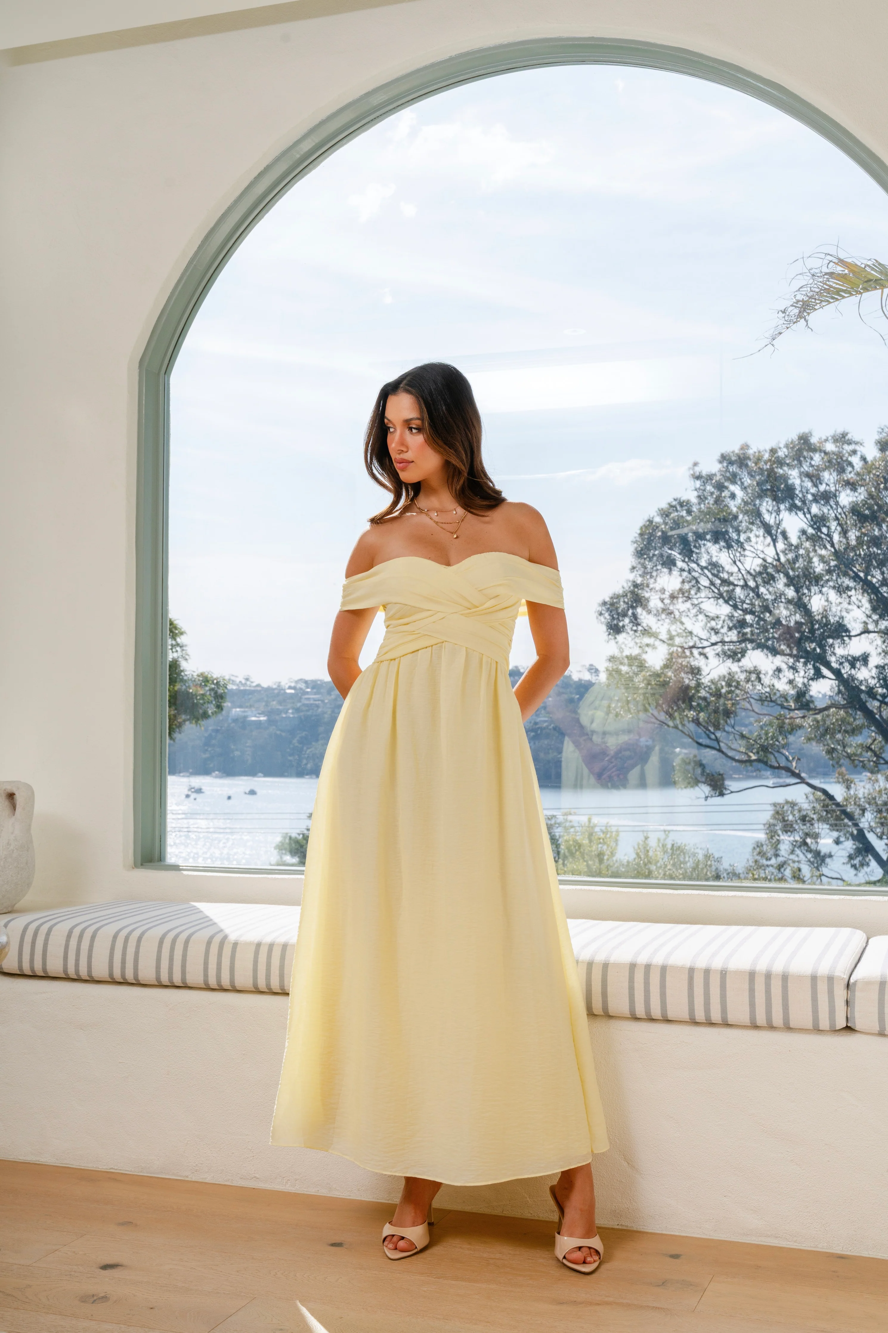 Denise Yellow Off-Shoulder Woven Pleat Midi