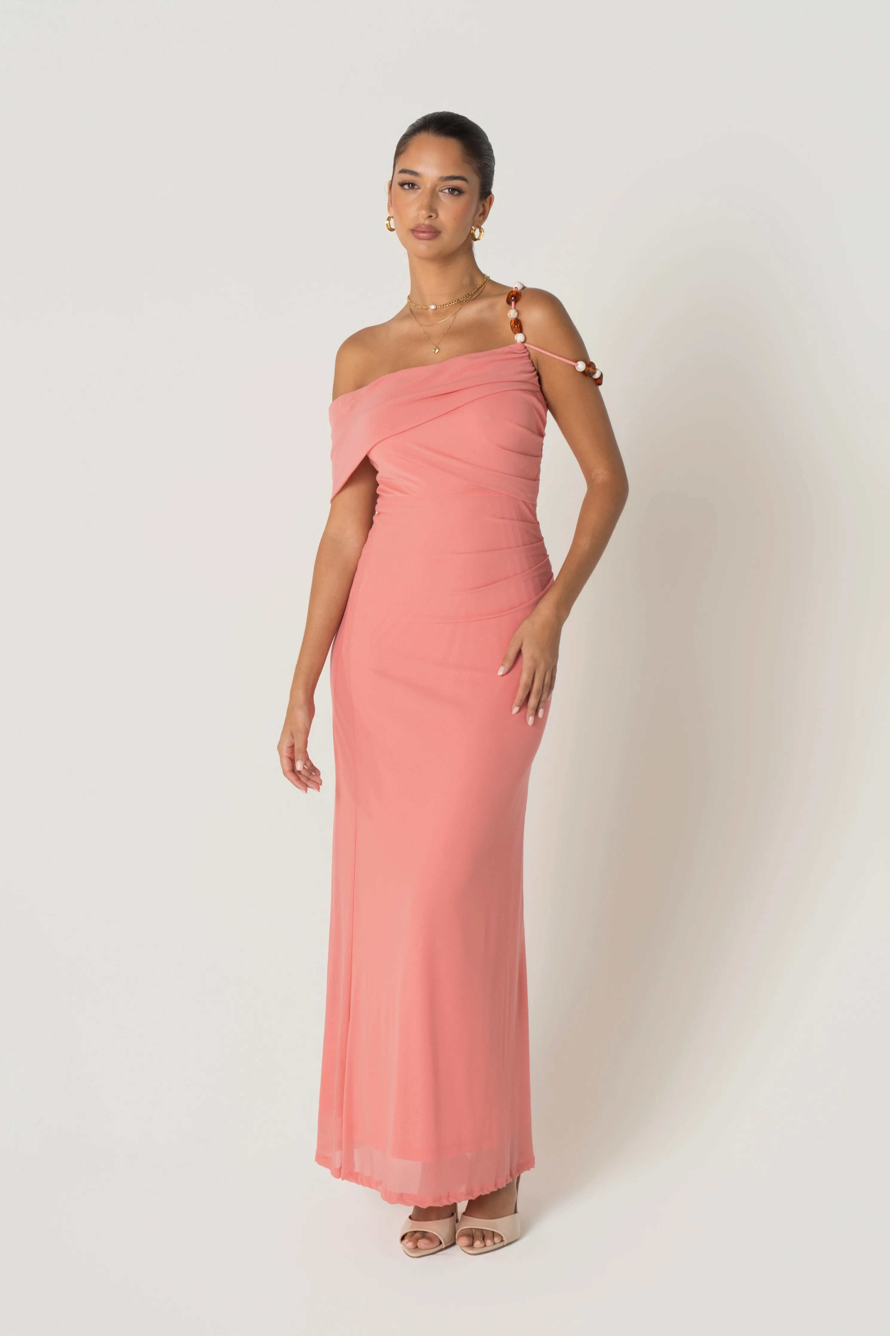 Dina Coral Off Shoulder Dress with Bead Details