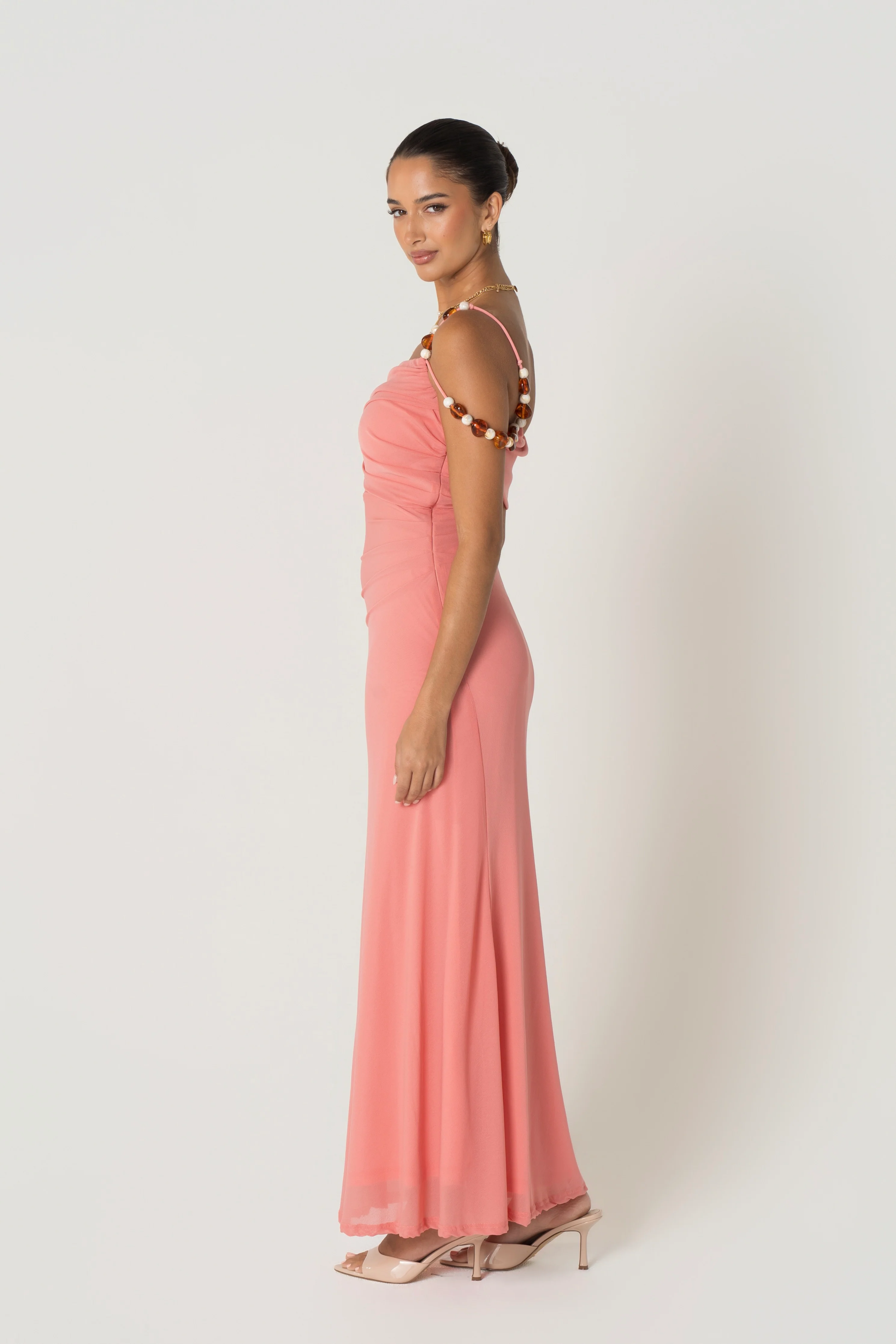 Dina Coral Off Shoulder Dress with Bead Details - Image 2