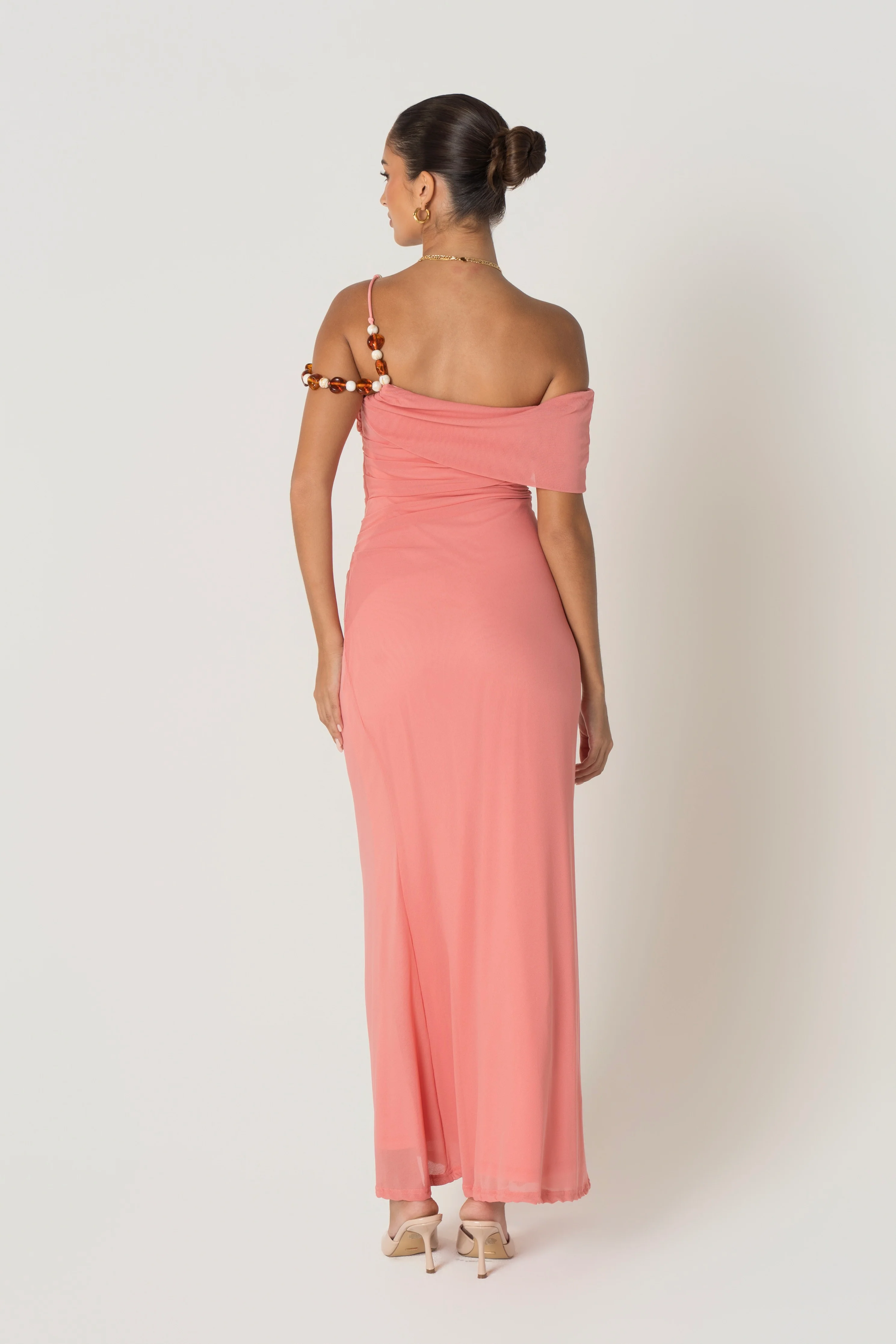 Dina Coral Off Shoulder Dress with Bead Details - Image 3