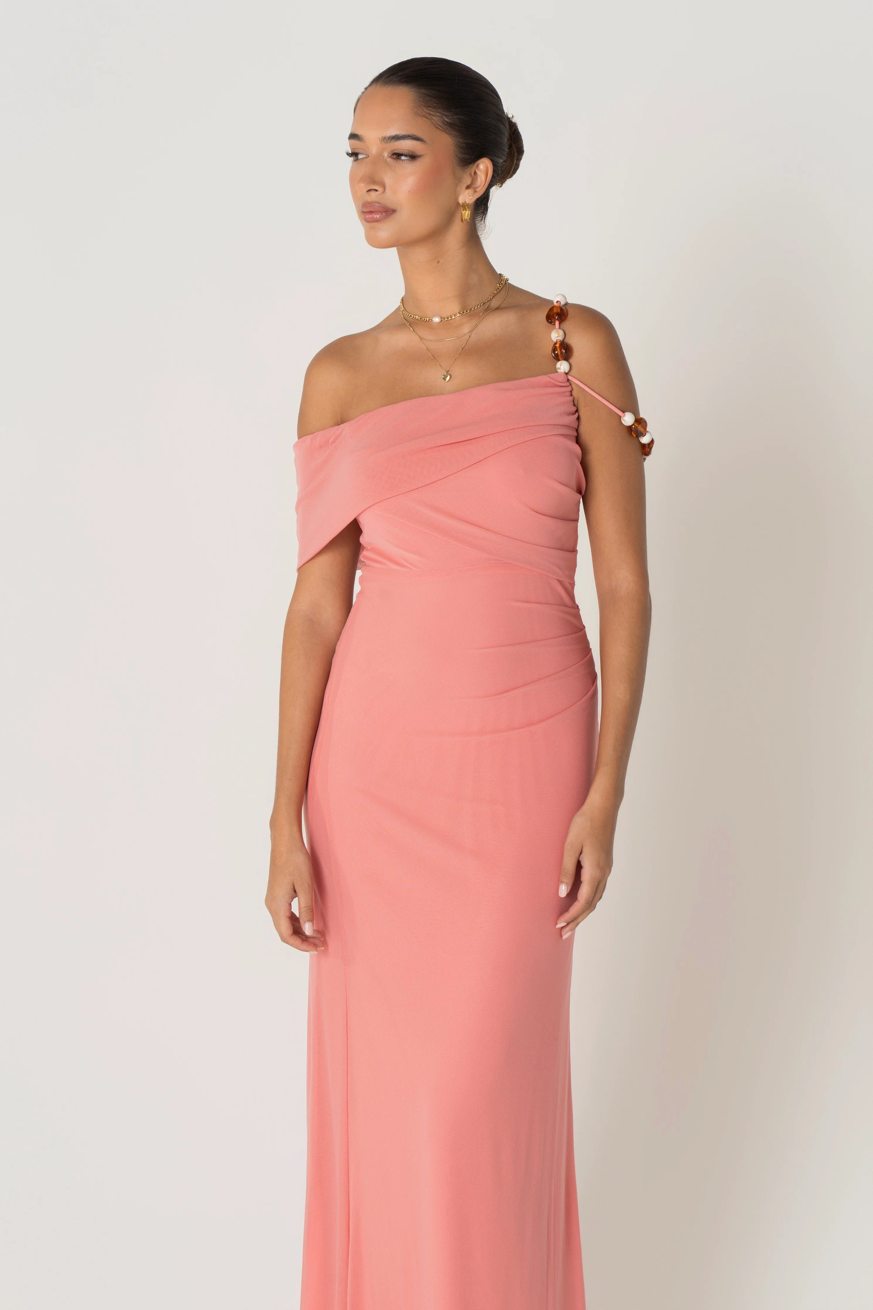 Dina Coral Off Shoulder Dress with Bead Details - Image 4