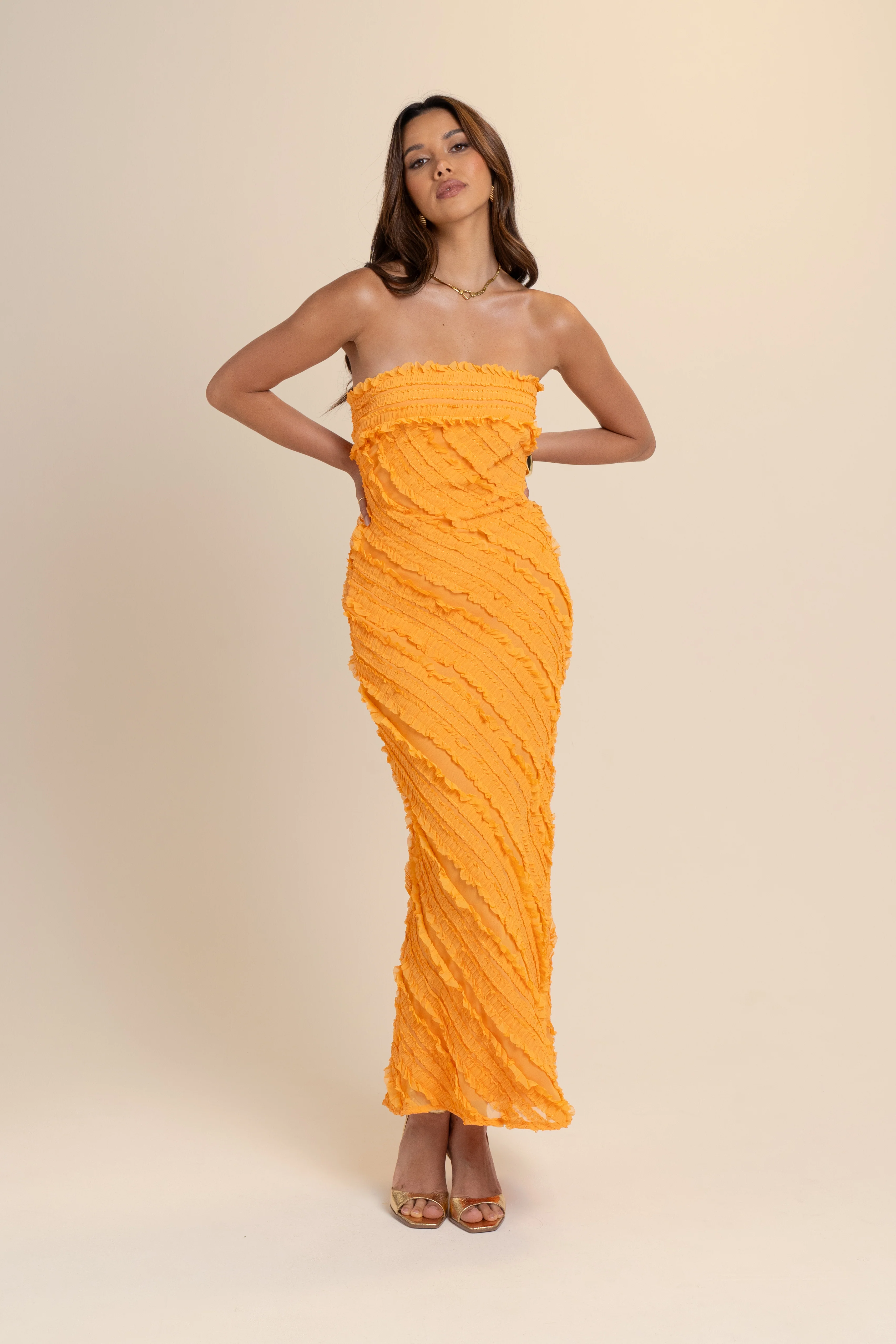 Dionne Strapless Orange Midi Dress