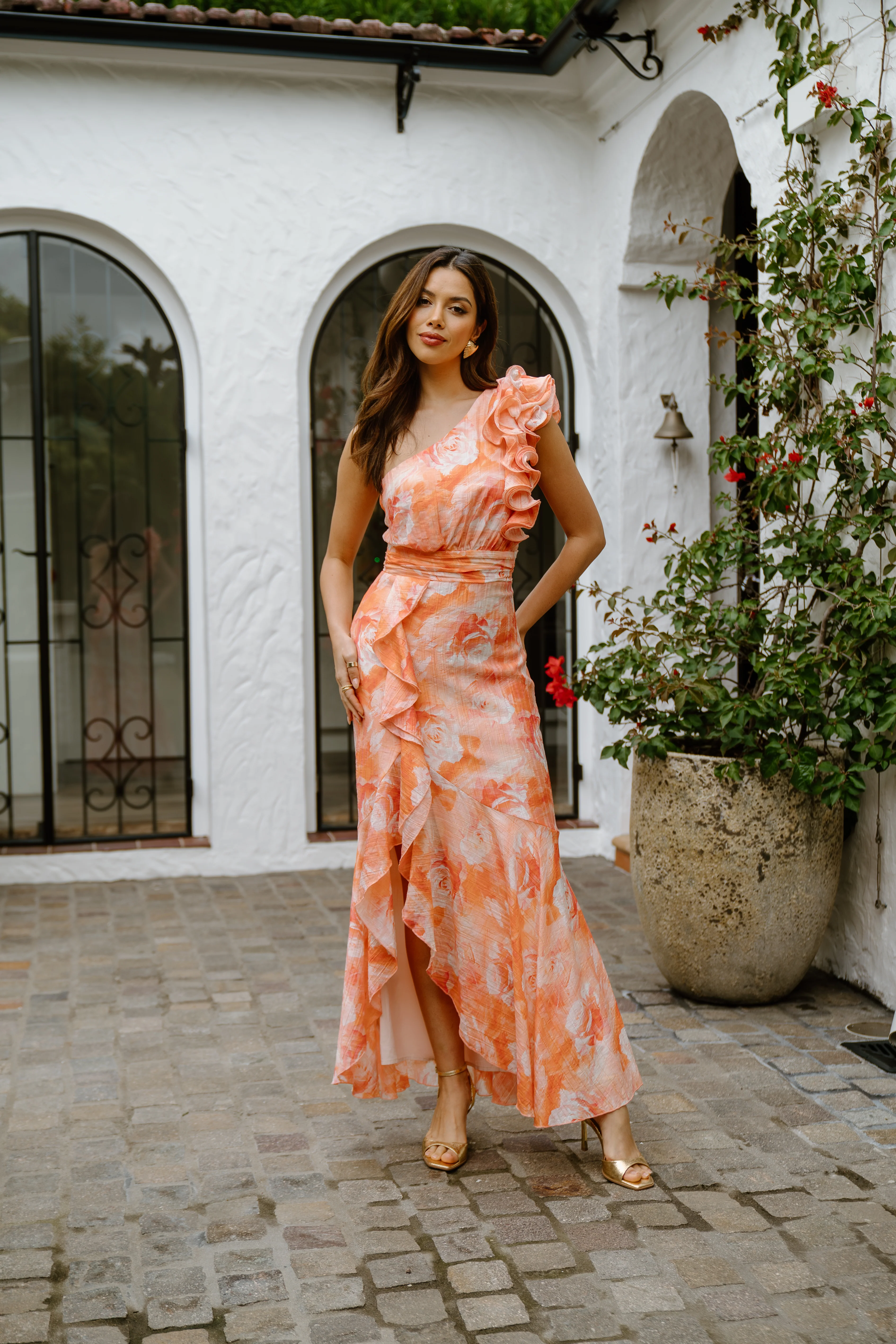 Dominique Pink One-Shoulder Ruffle Midi Dress