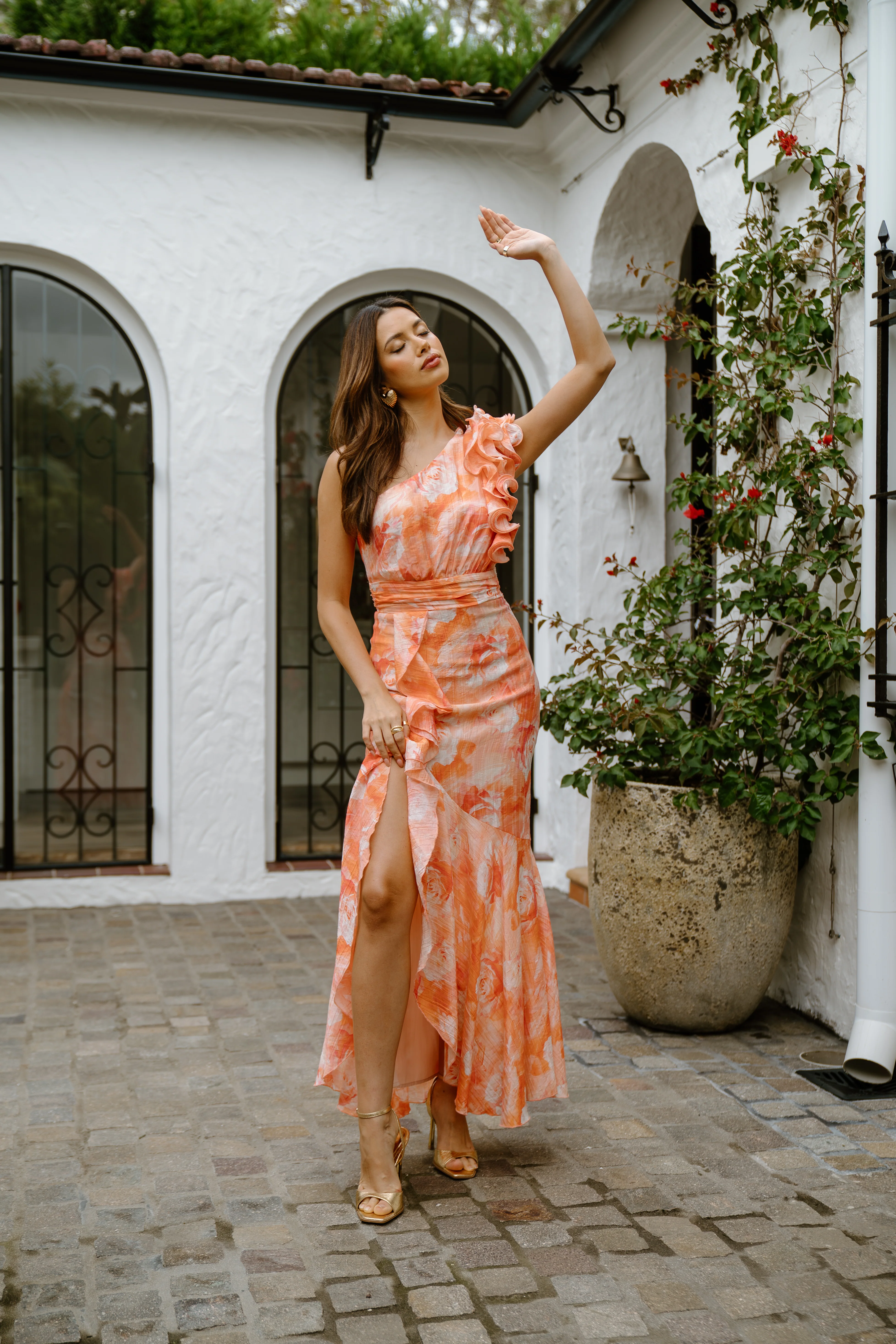 Dominique Pink One-Shoulder Ruffle Midi Dress - Image 2