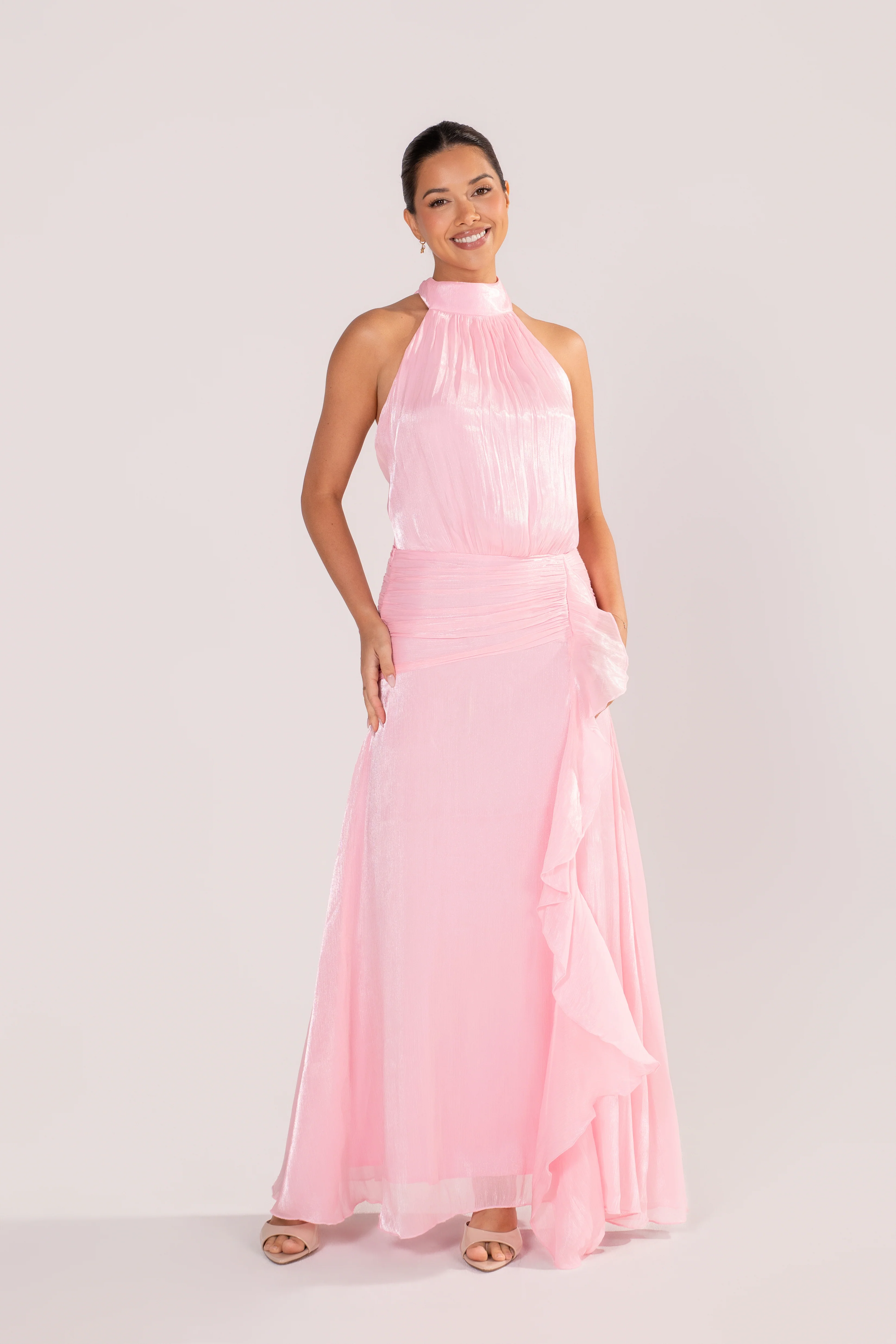 Drew Pink Shimmer Halter Neck Maxi Dress