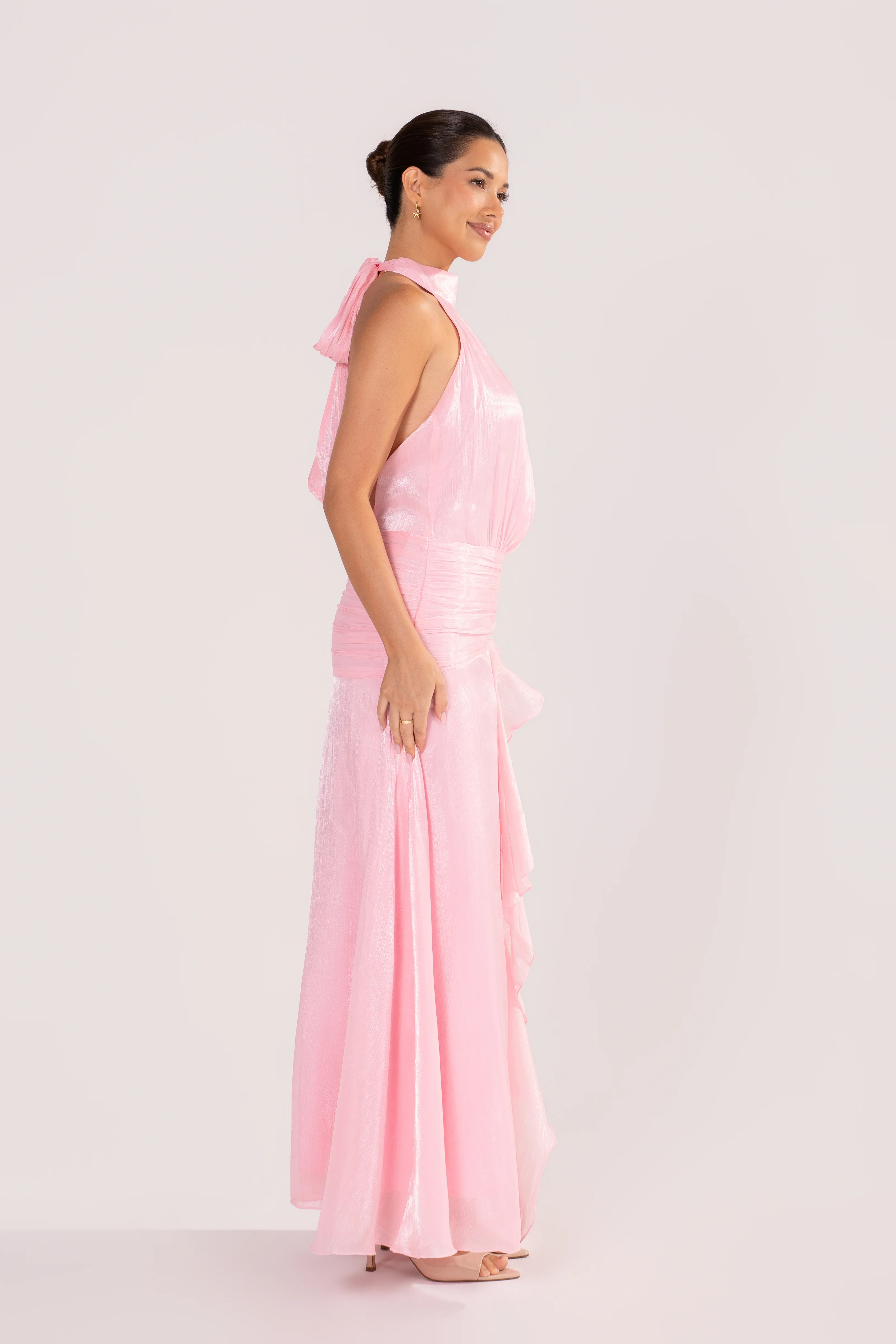 Drew Pink Shimmer Halter Neck Maxi Dress - Image 2