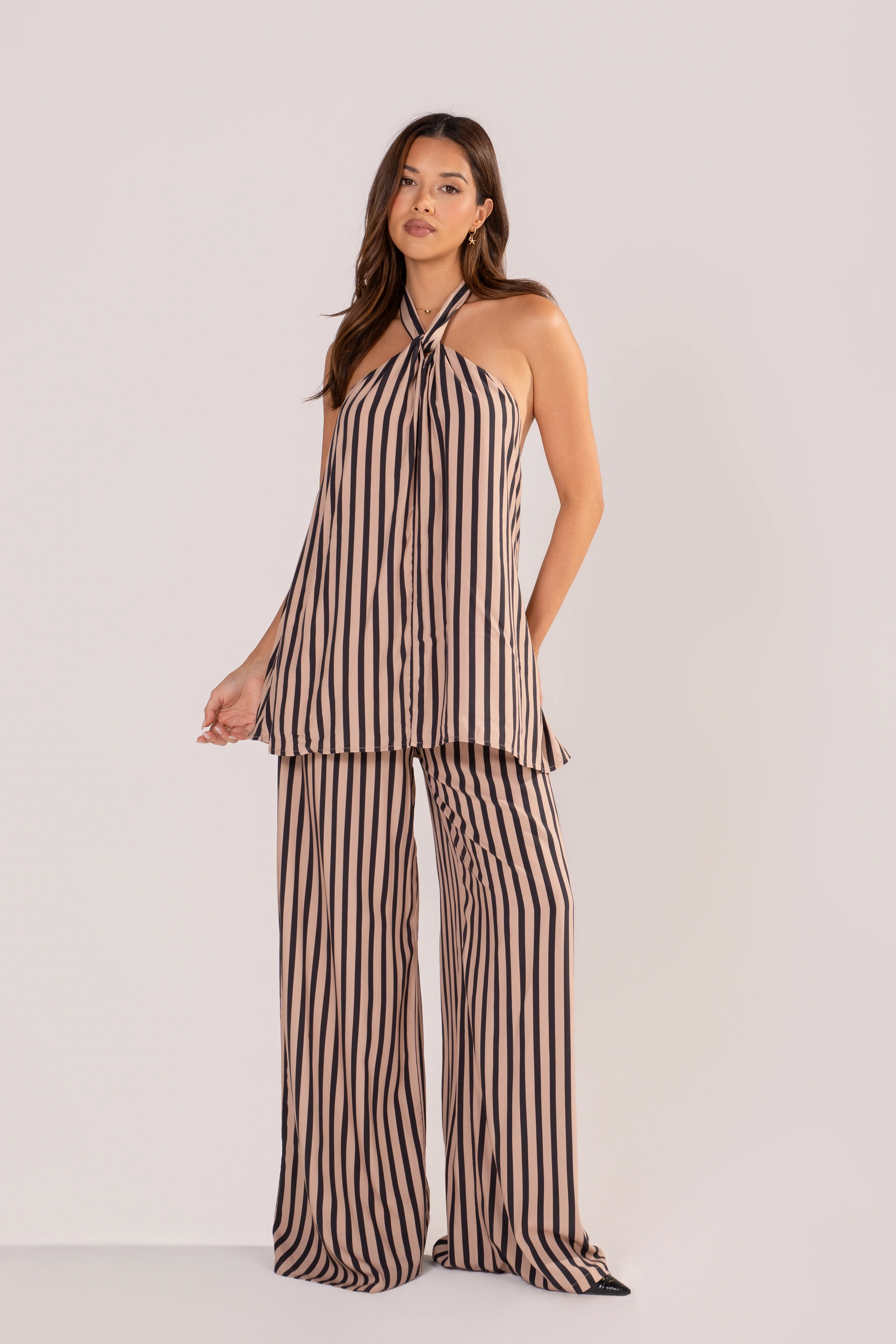 Dulcie Stripe Halter Tie Top & Wide Leg Pant Set