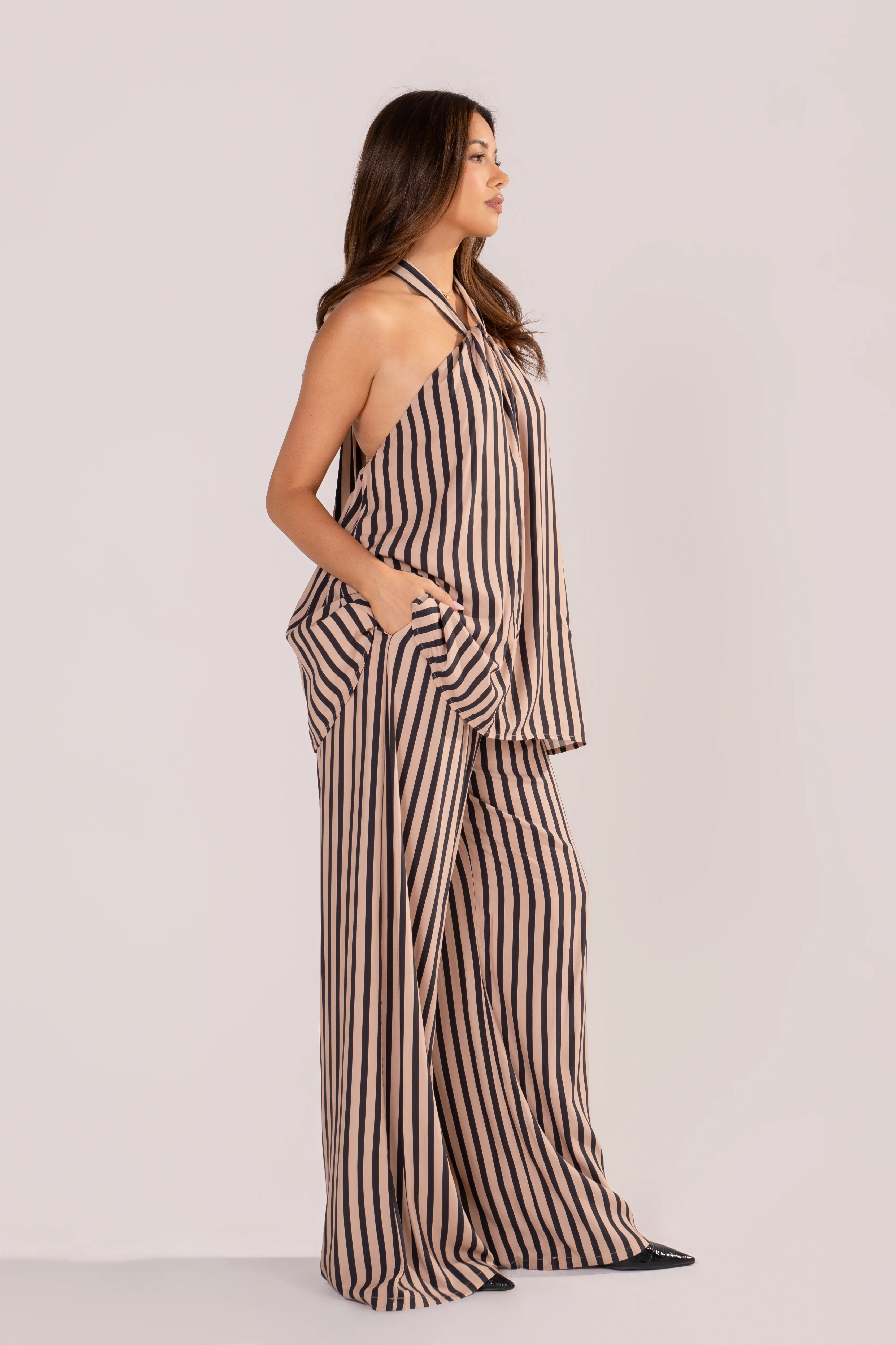 Dulcie Stripe Halter Tie Top & Wide Leg Pant Set - Image 2