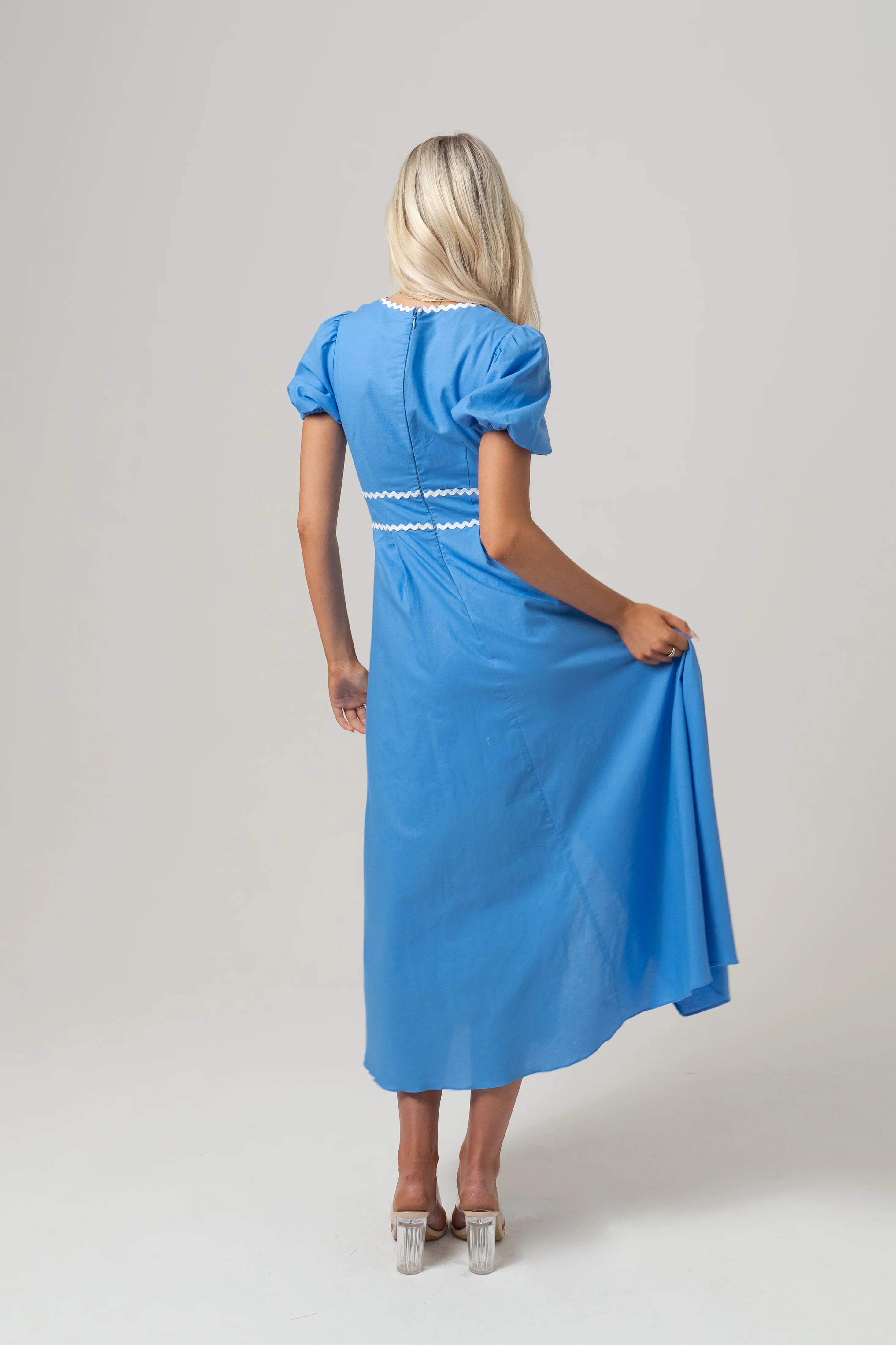 Eden Puff Sleeve Blue Midi Dress with Ric Rac Trims - Image 3