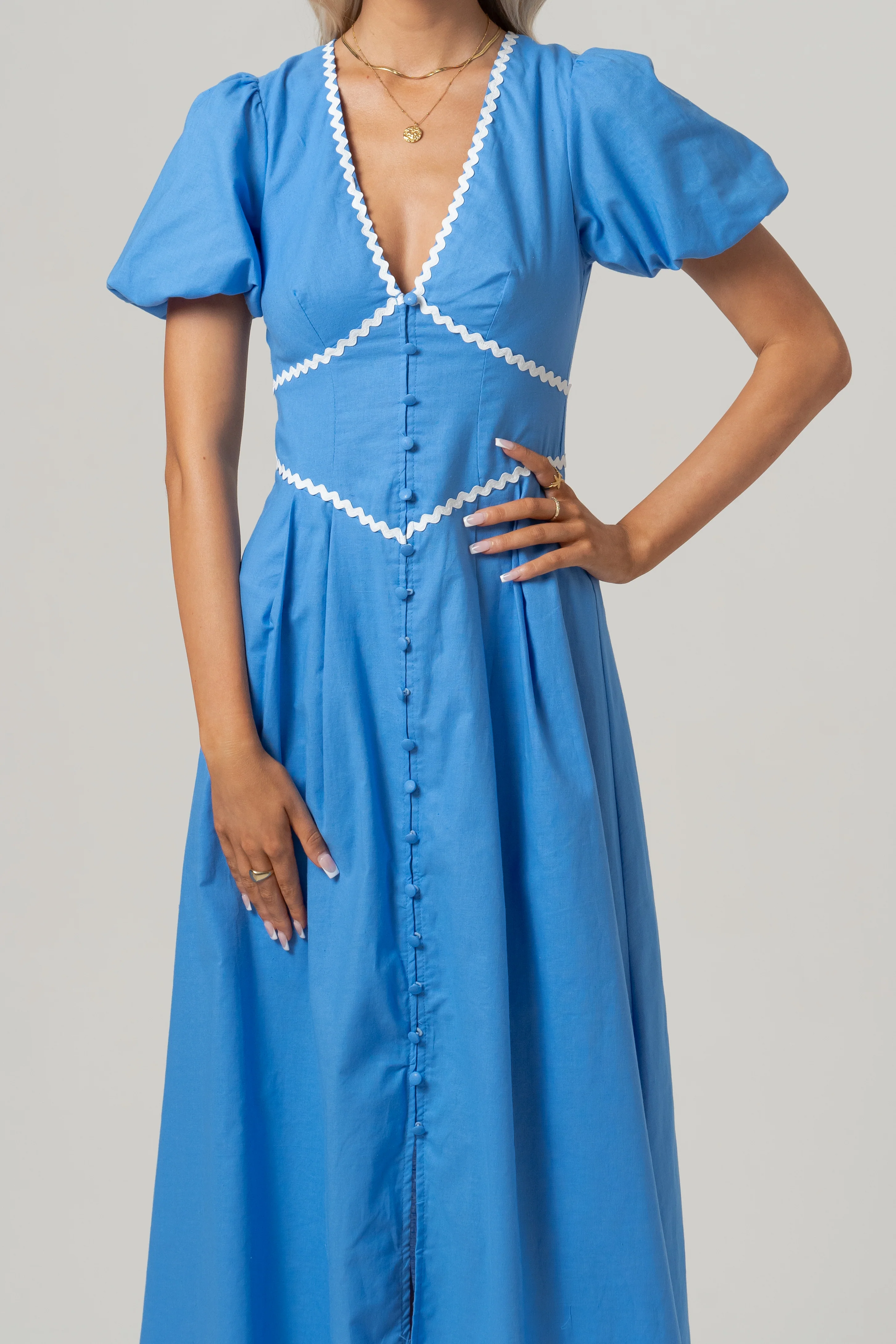 Eden Puff Sleeve Blue Midi Dress with Ric Rac Trims - Image 4