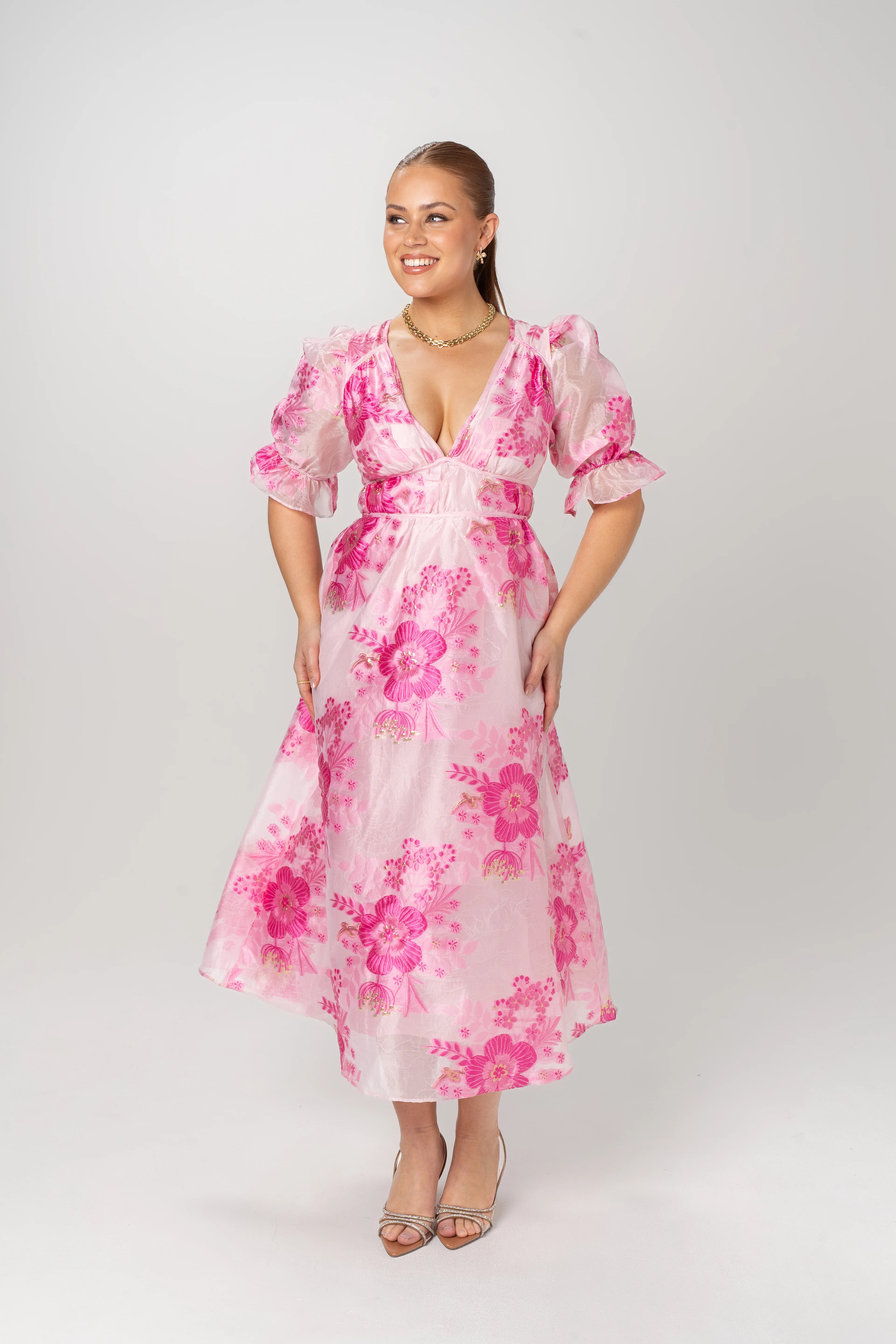 Eleanna Pink Floral Puff Sleeve Midi