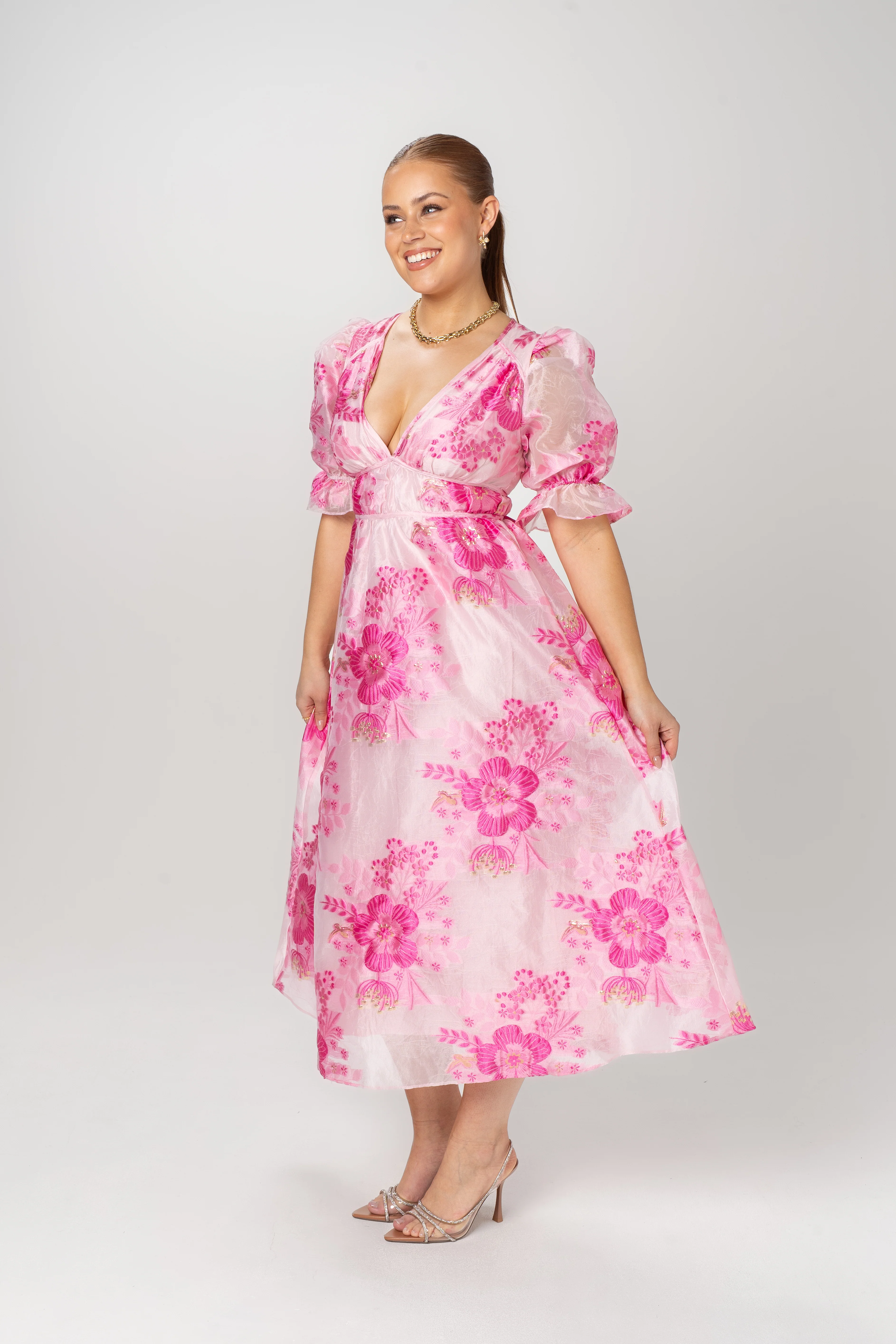 Eleanna Pink Floral Puff Sleeve Midi - Image 3