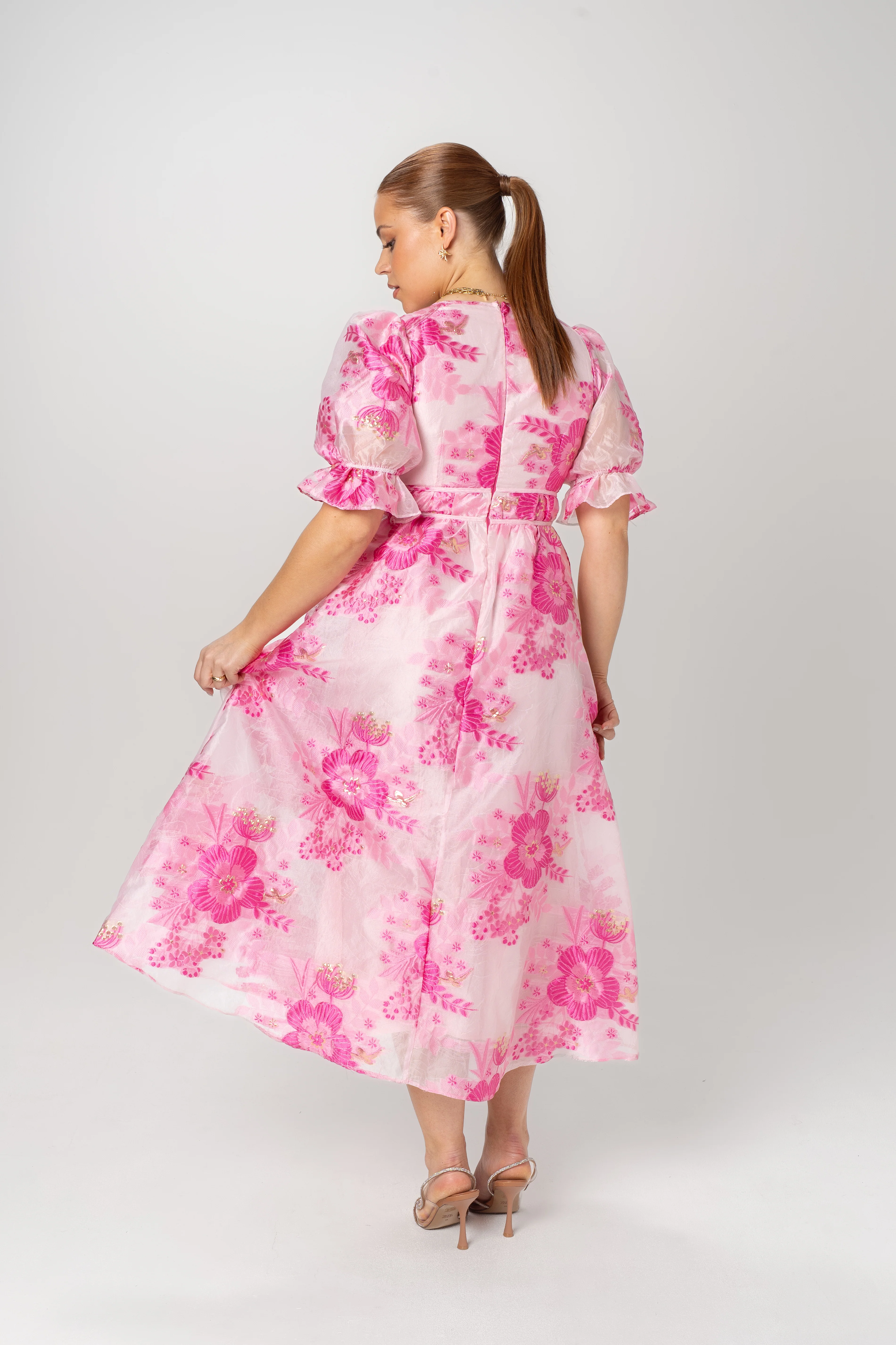 Eleanna Pink Floral Puff Sleeve Midi - Image 4