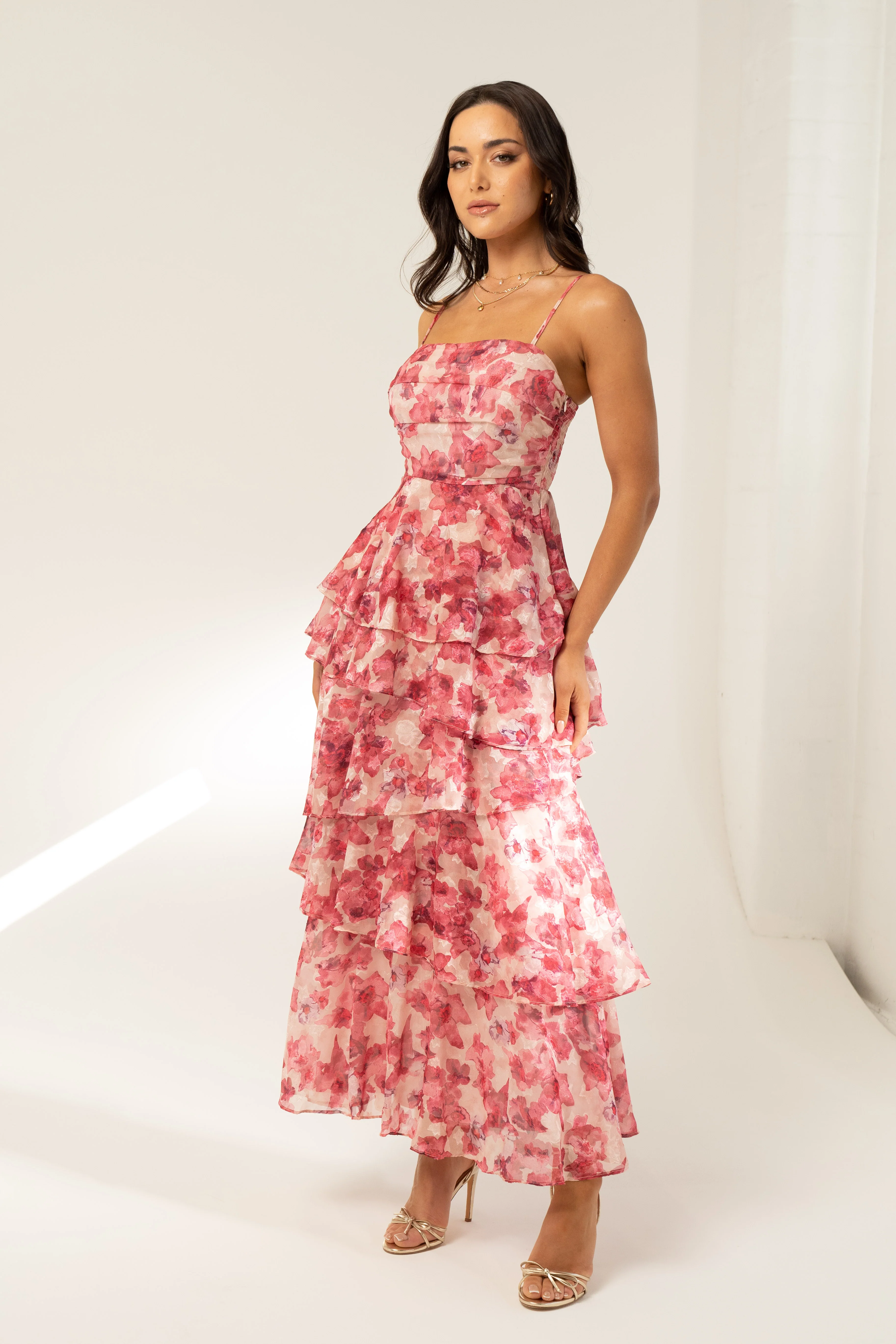 Emilia Pink Floral Tiered Maxi Dress