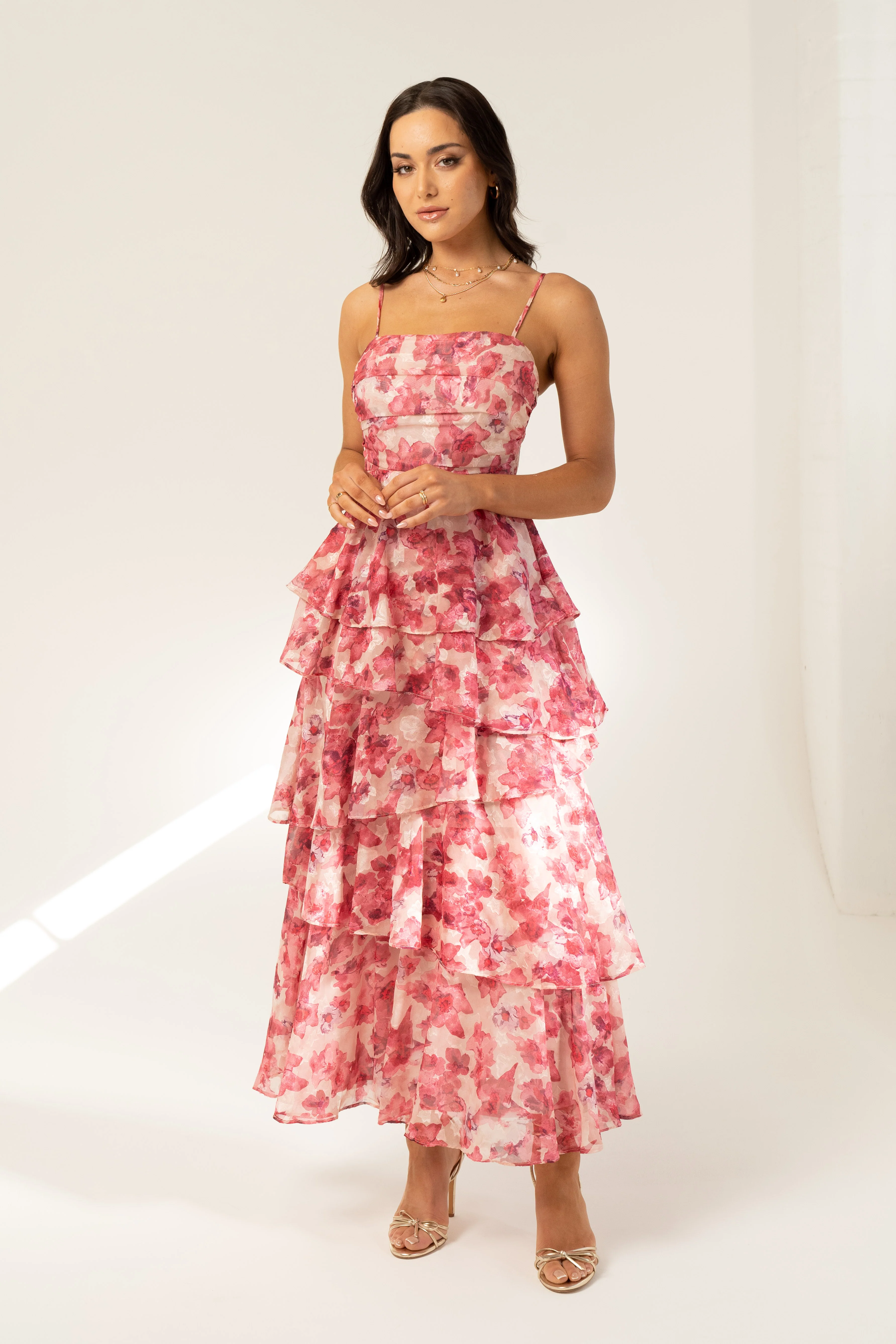 Emilia Pink Floral Tiered Maxi Dress - Image 2