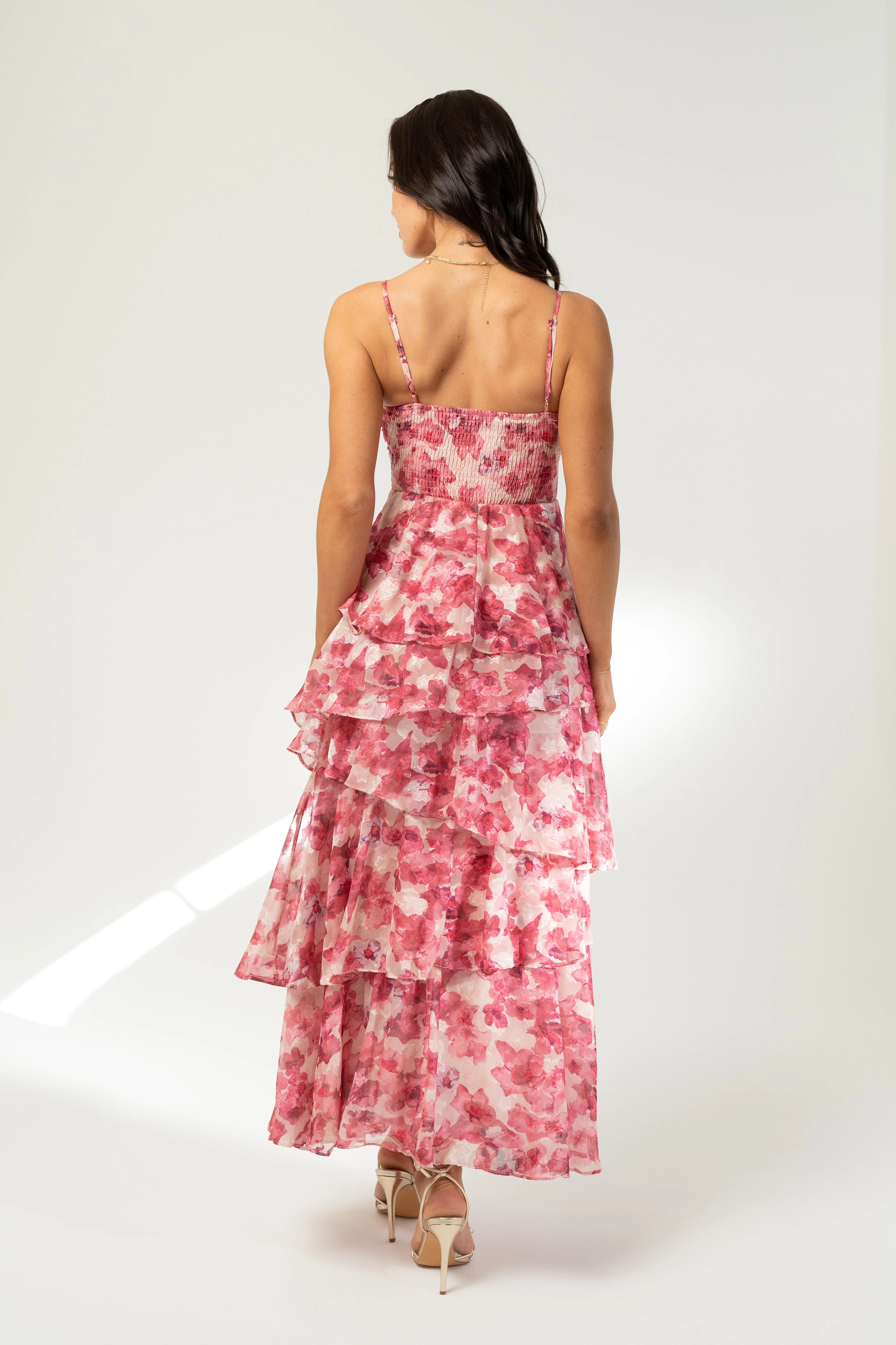 Emilia Pink Floral Tiered Maxi Dress - Image 3