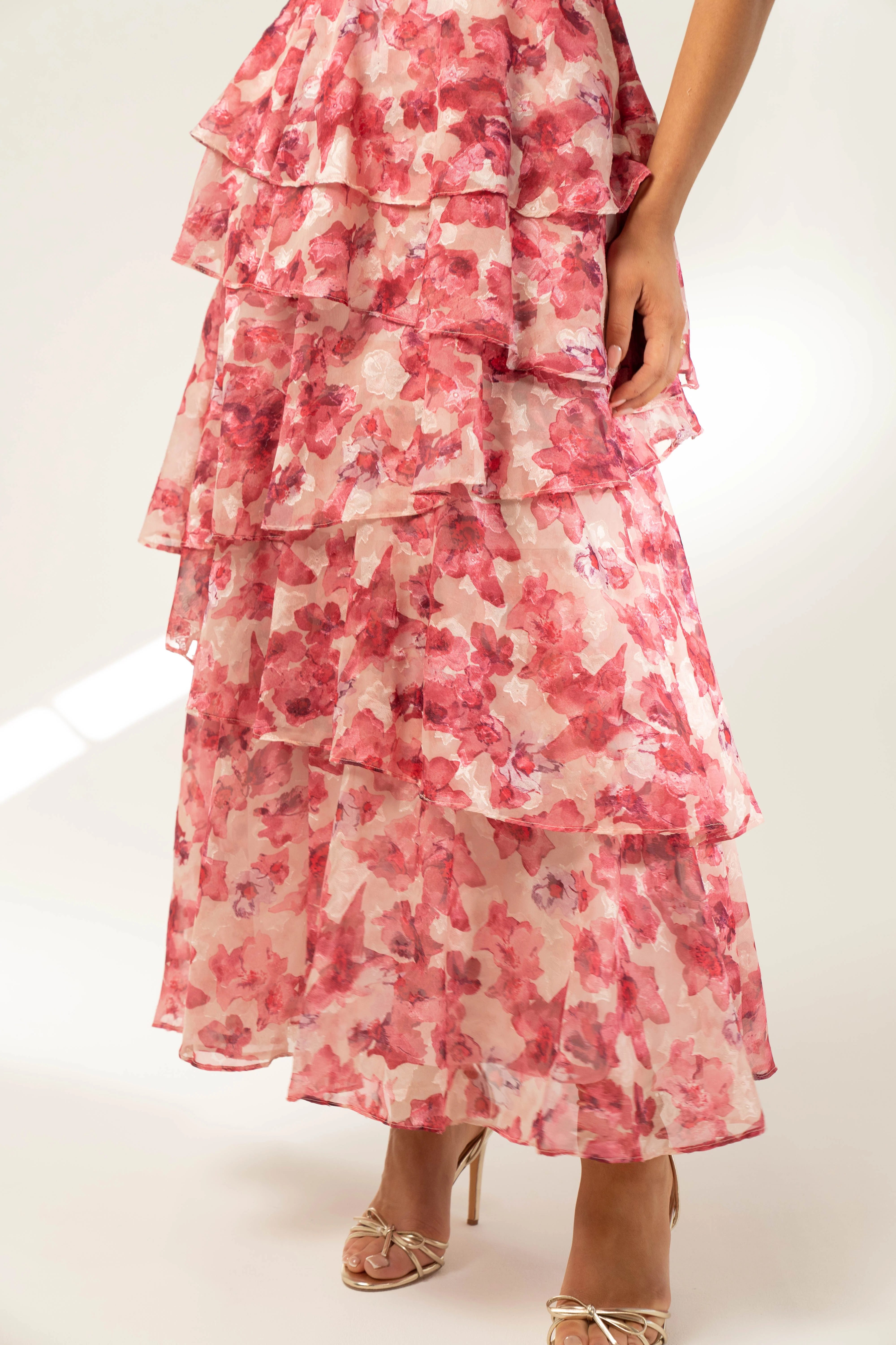 Emilia Pink Floral Tiered Maxi Dress - Image 4