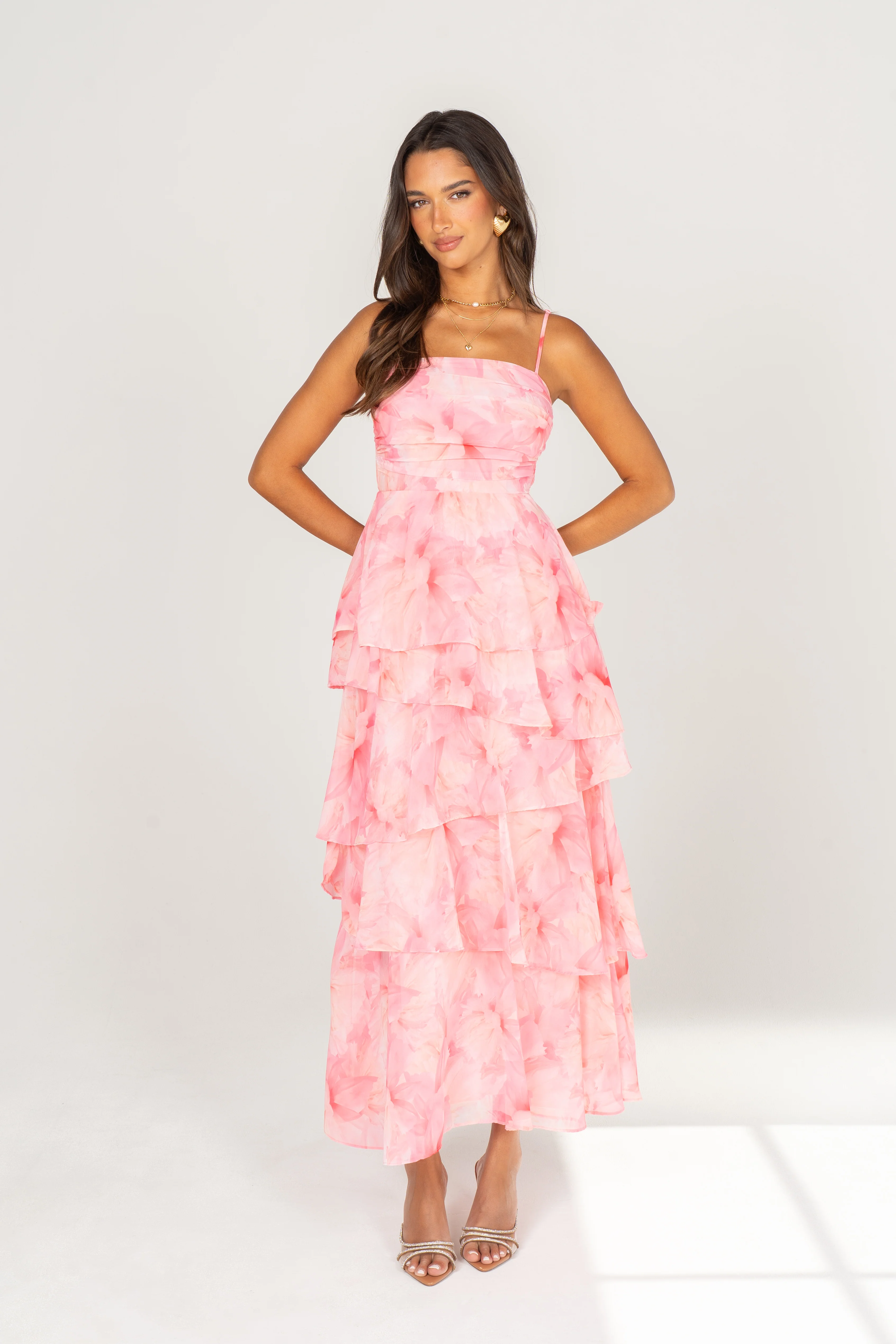 Emilia Pink Floral Tiered Maxi Dress - Image 6