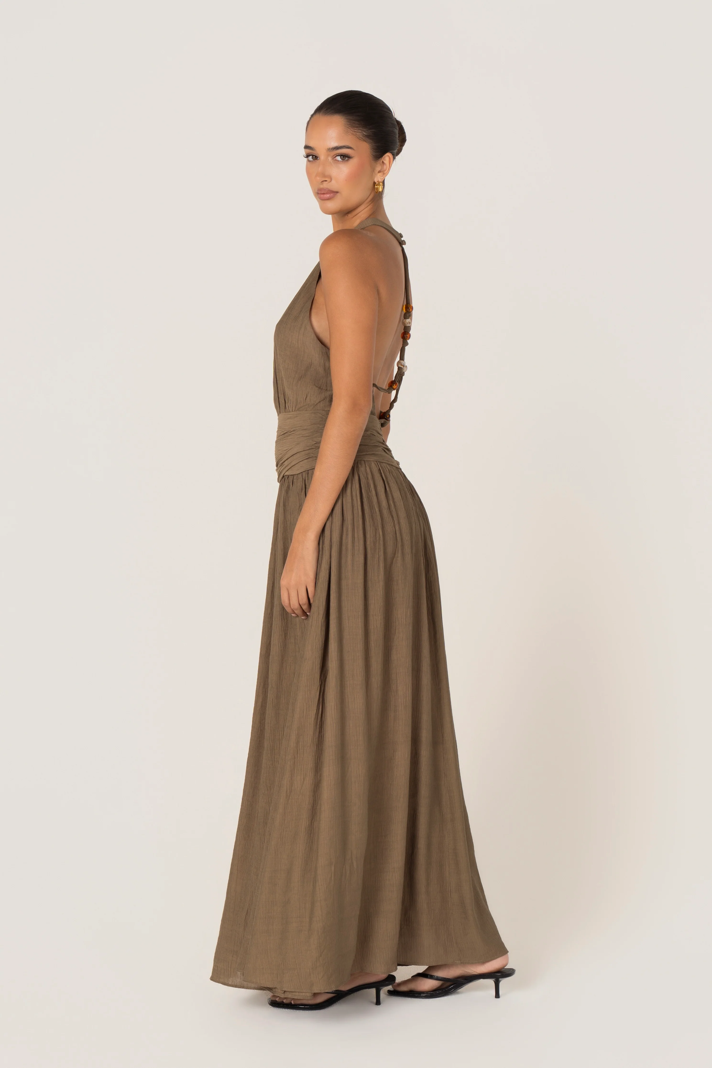 Emmet Khaki Open Back Halter Dress