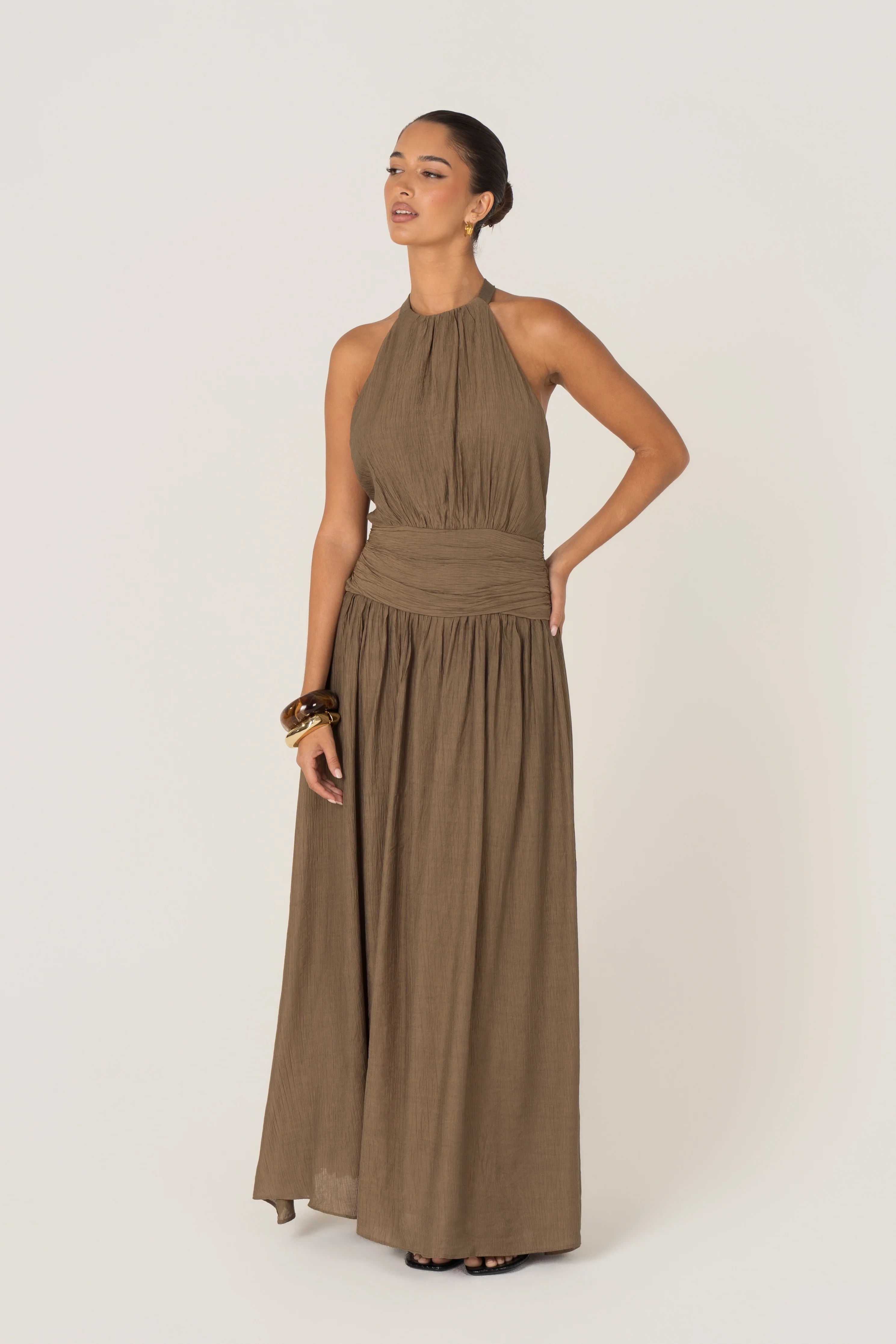 Emmet Khaki Open Back Halter Dress - Image 2