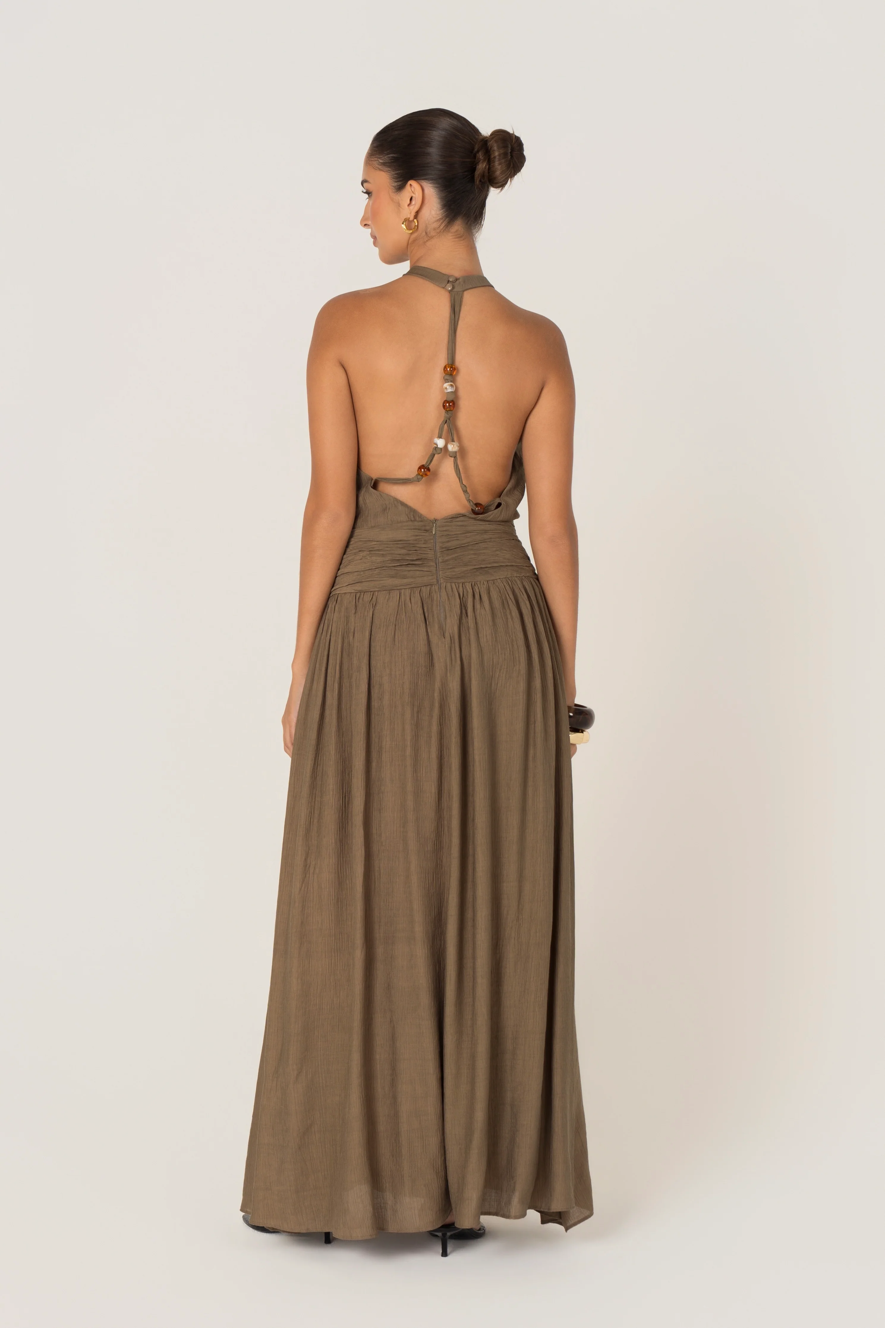 Emmet Khaki Open Back Halter Dress - Image 3