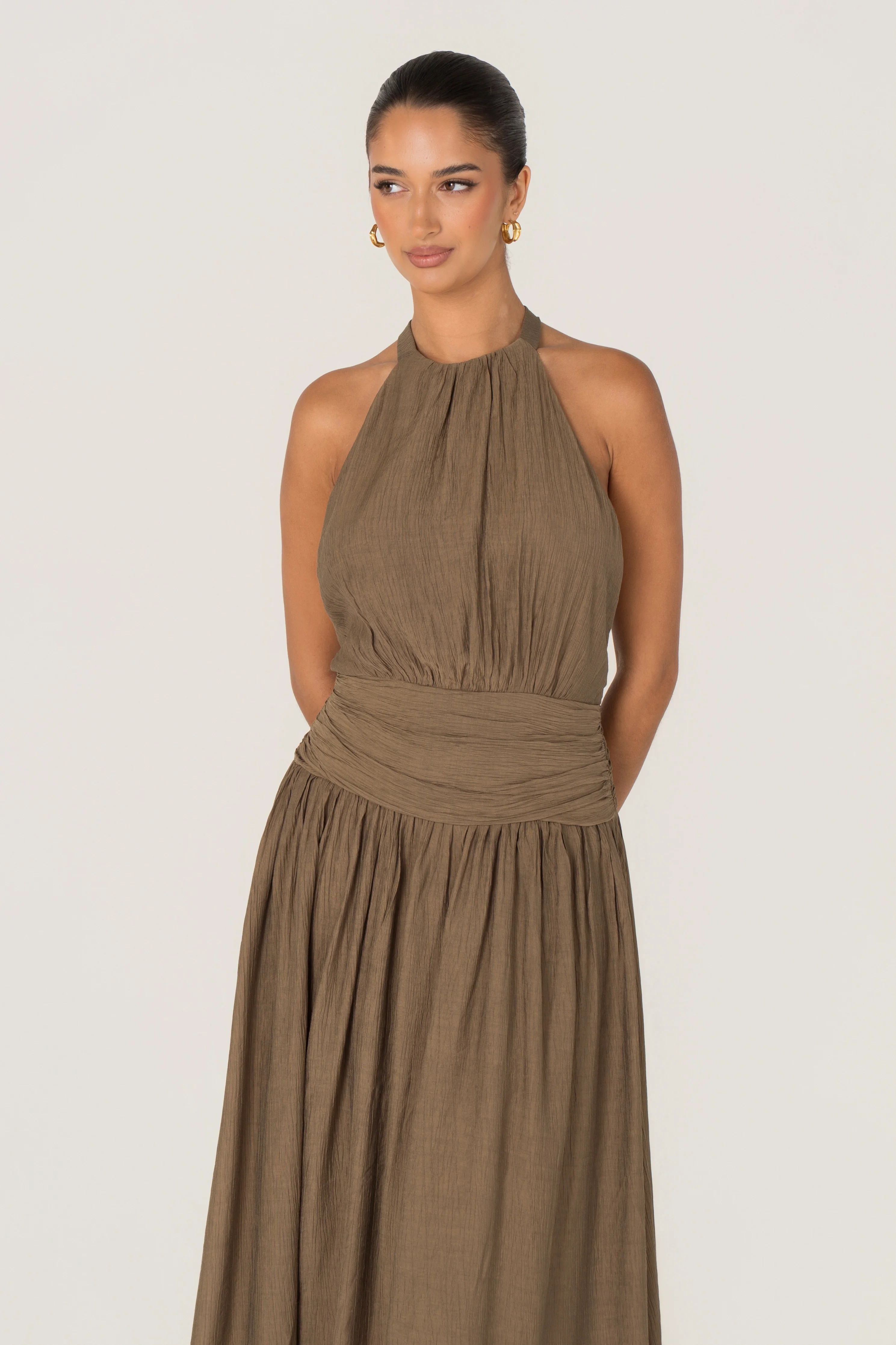 Emmet Khaki Open Back Halter Dress - Image 4