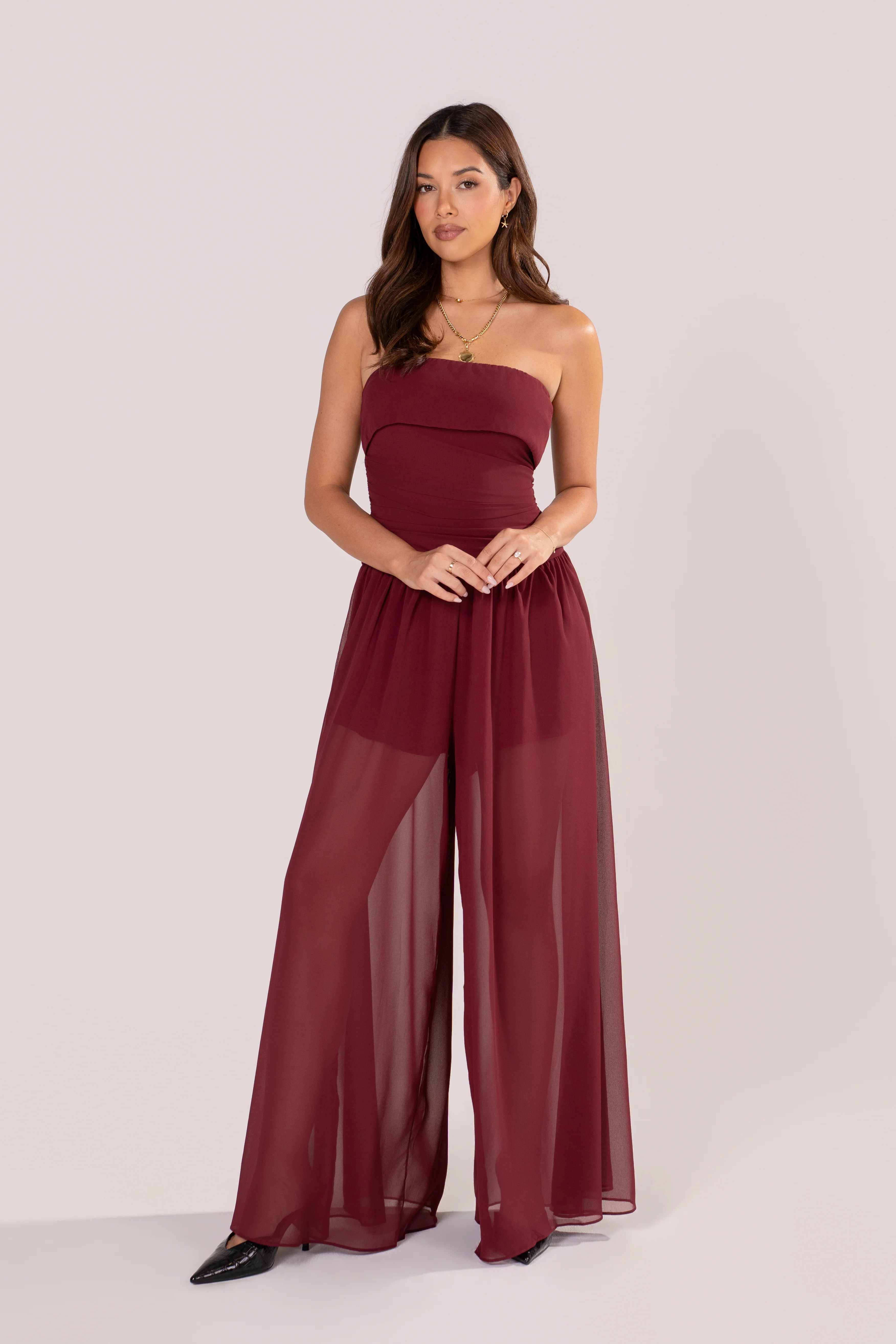 Evania Strapless Wine Jumpsuit with Sheer Overlay