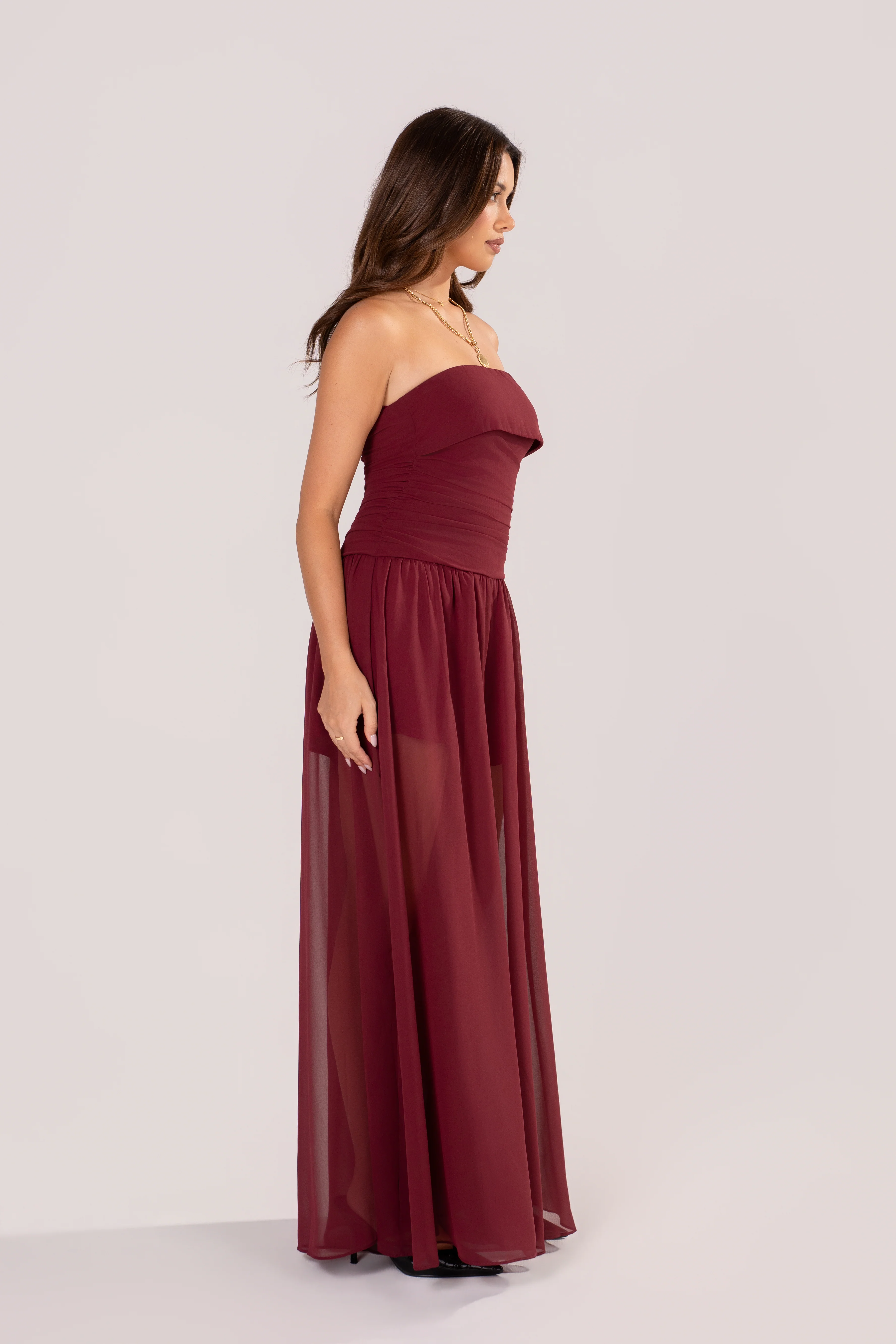 Evania Strapless Wine Jumpsuit with Sheer Overlay - Image 2